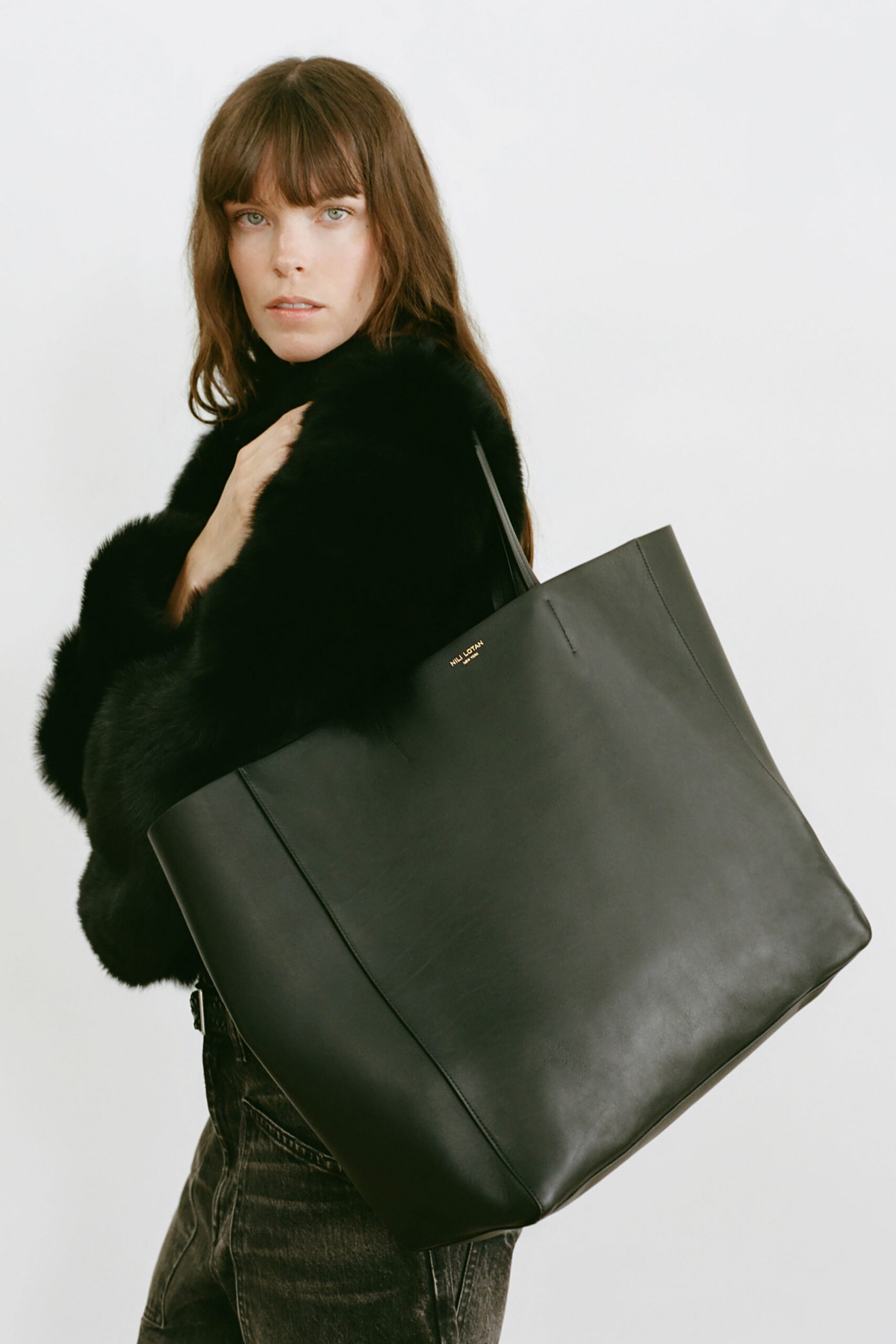 black faux-fur long-sleeve relaxed coat