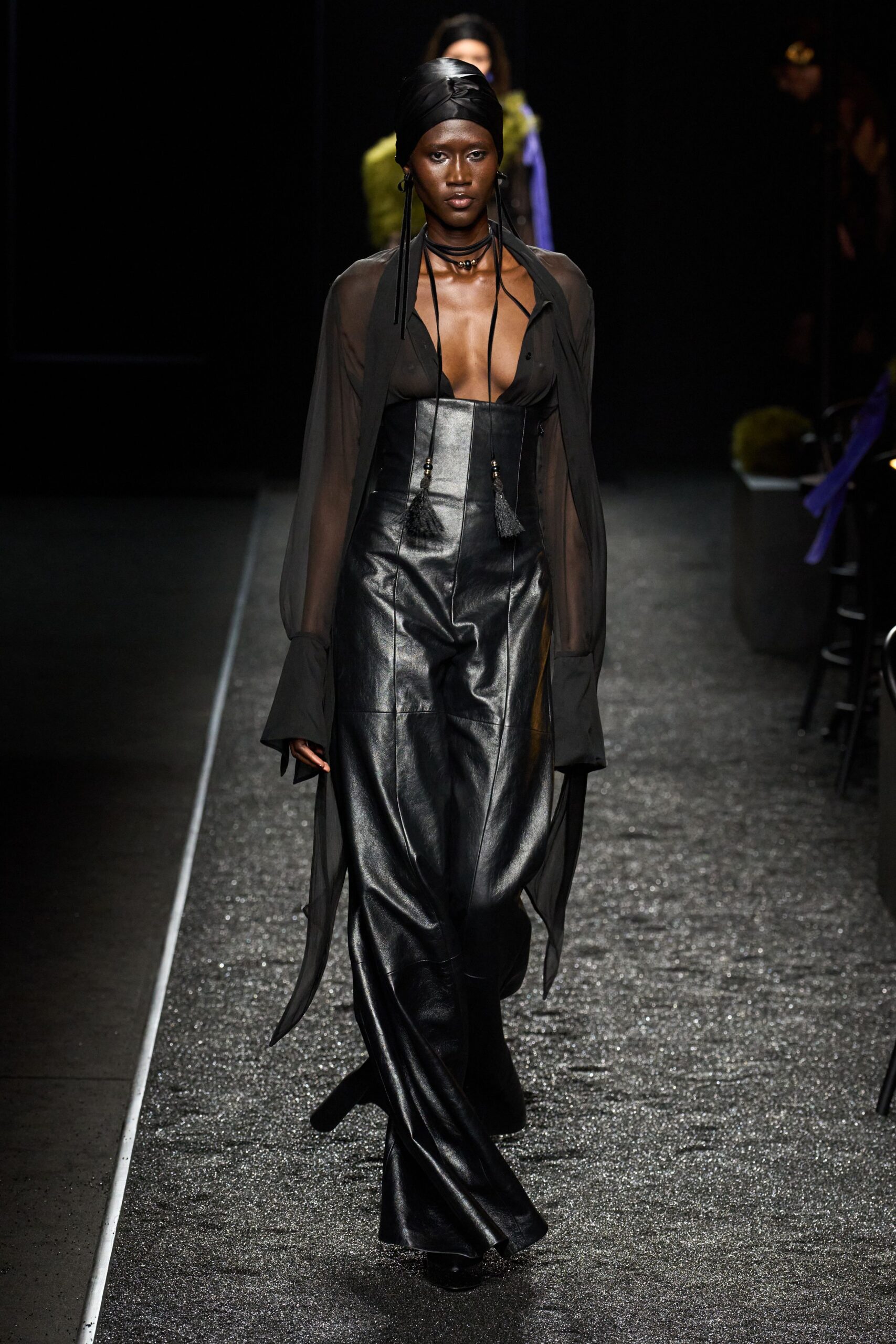 black silk top with leather pants