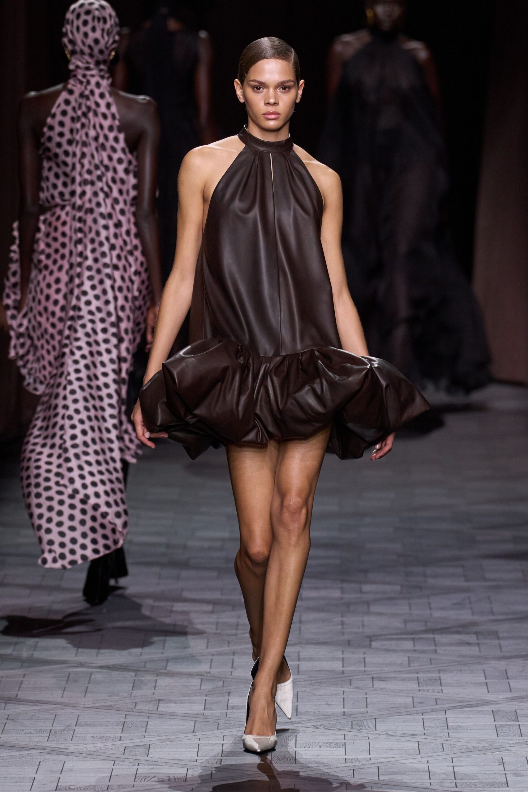 brown leather sleeveless halter fitted flared mini dress