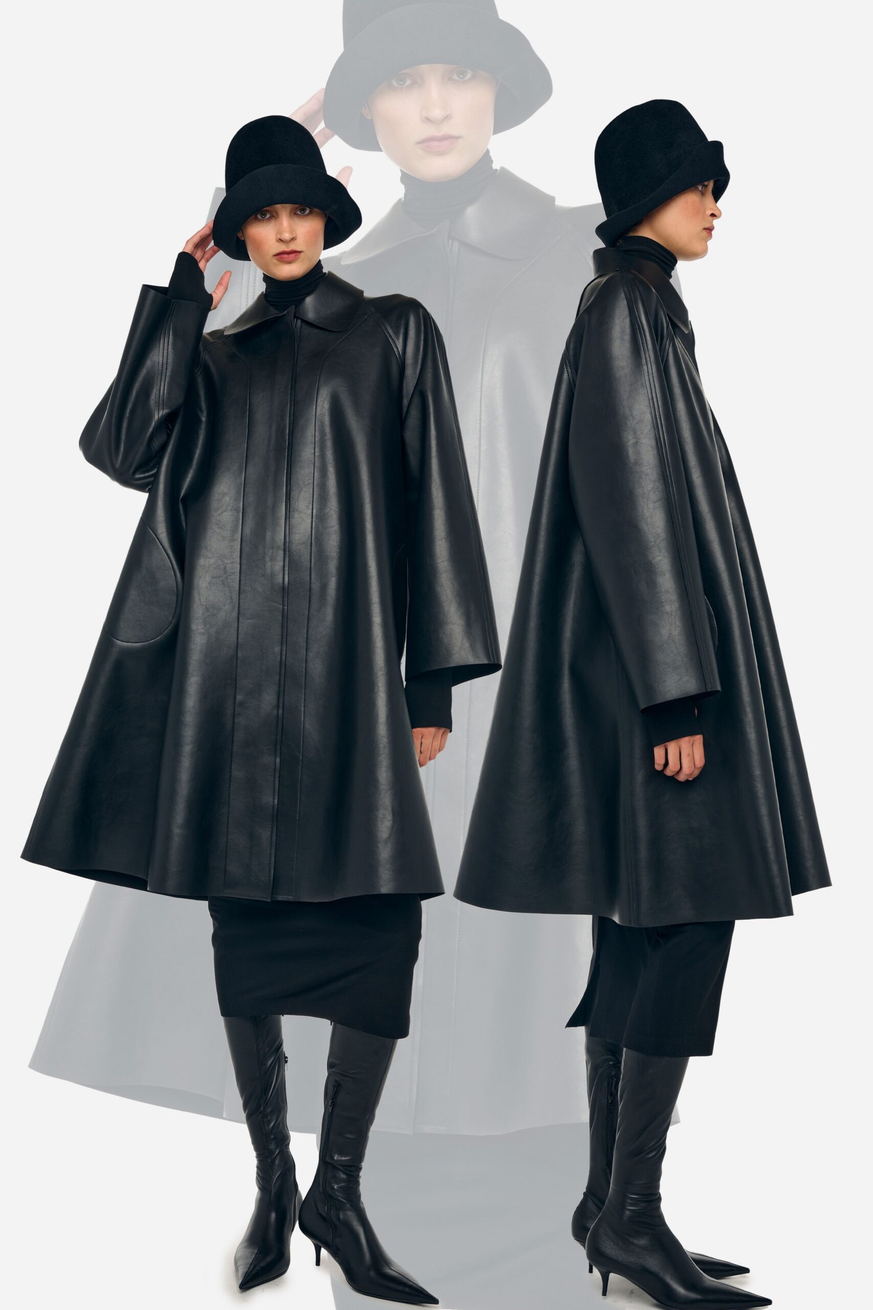 black leather long-sleeve collared oversized pleated midi coat