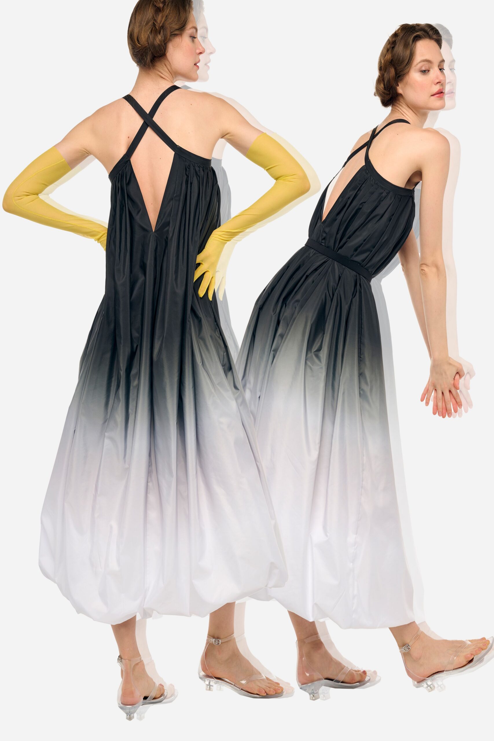 black and white midi dress with gloves