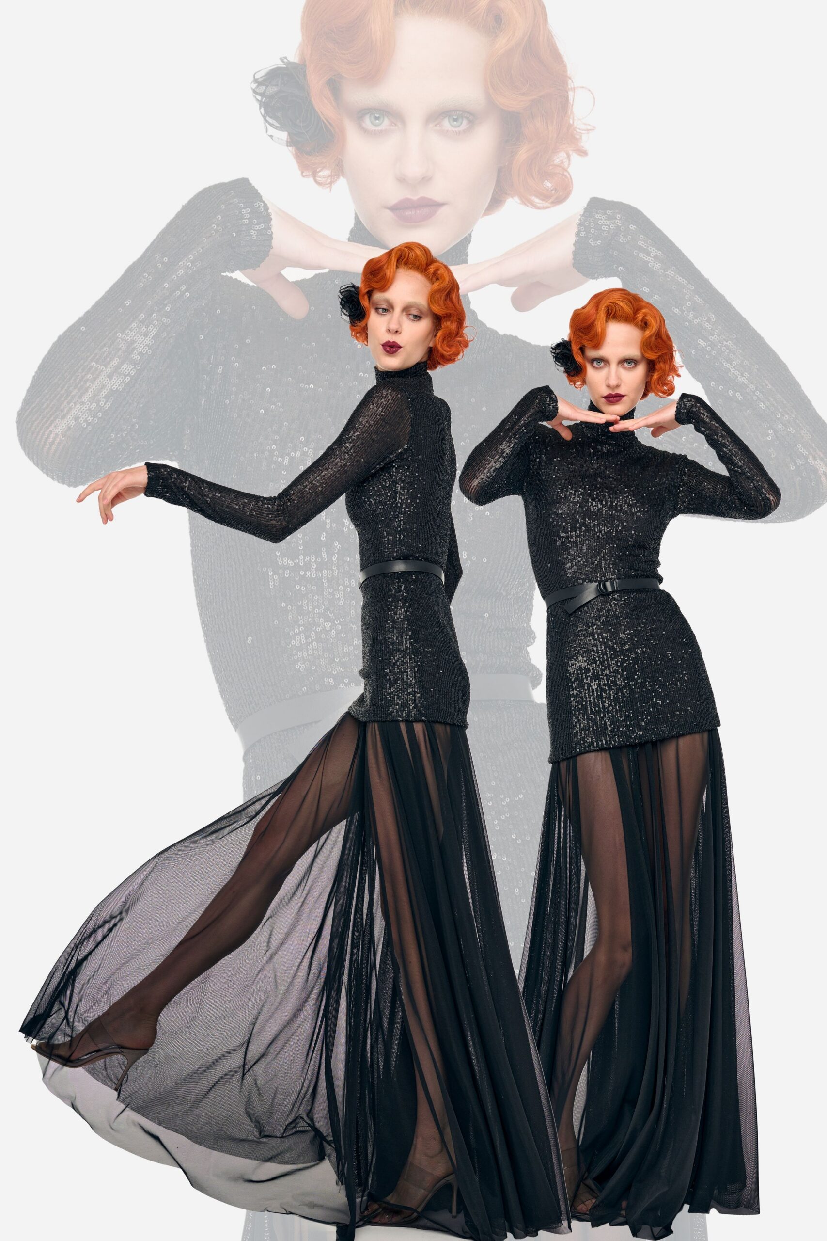 black sequin gown with flowing skirt