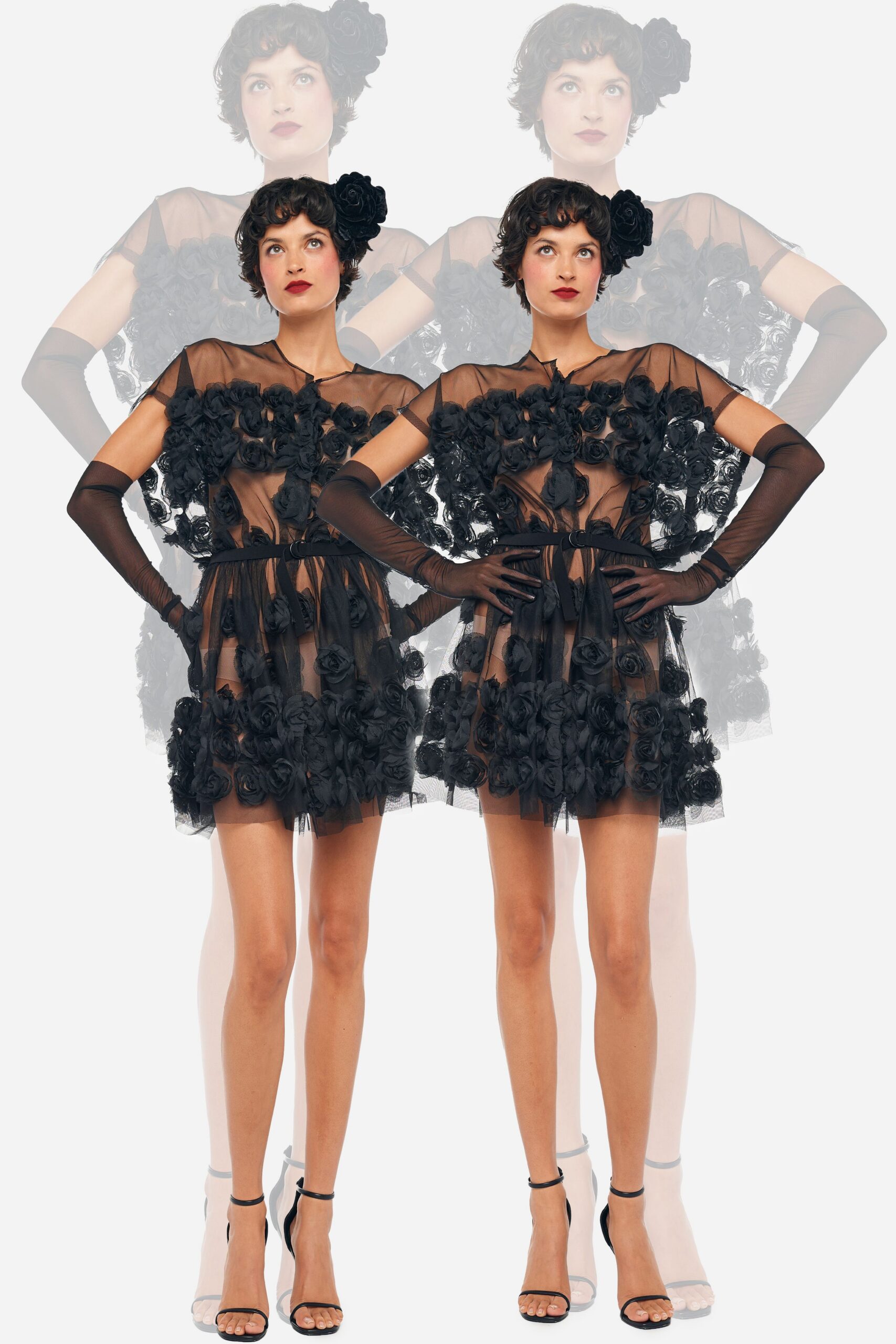 black tulle short-sleeve collared fitted floral ruffled dress