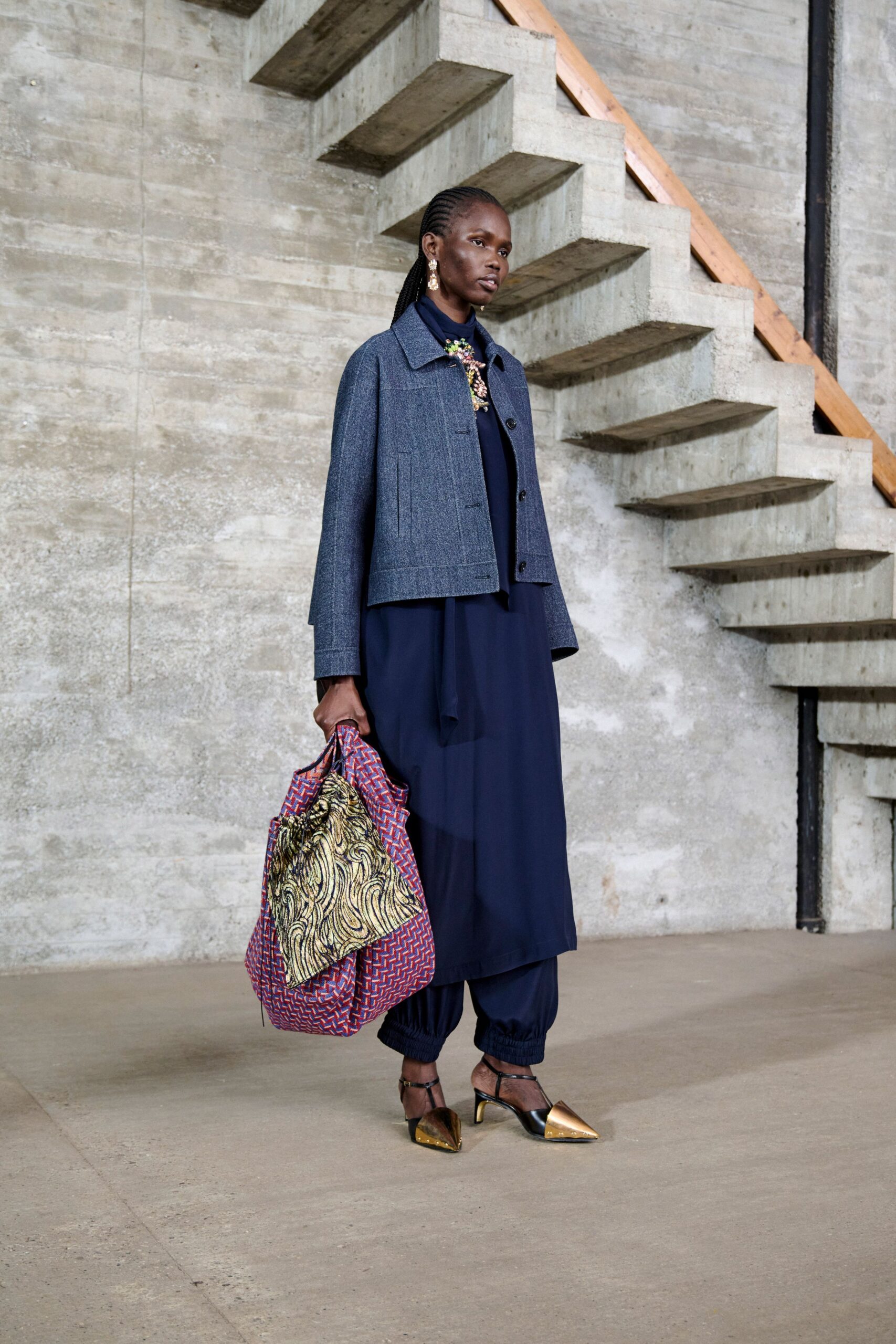 blue denim jacket with navy dress