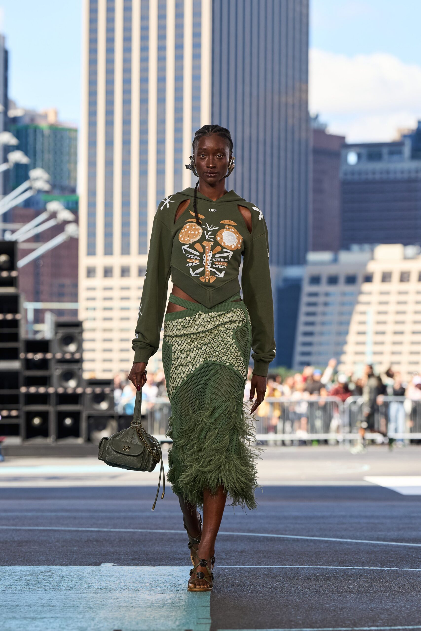 green cotton fitted fringed midi skirt