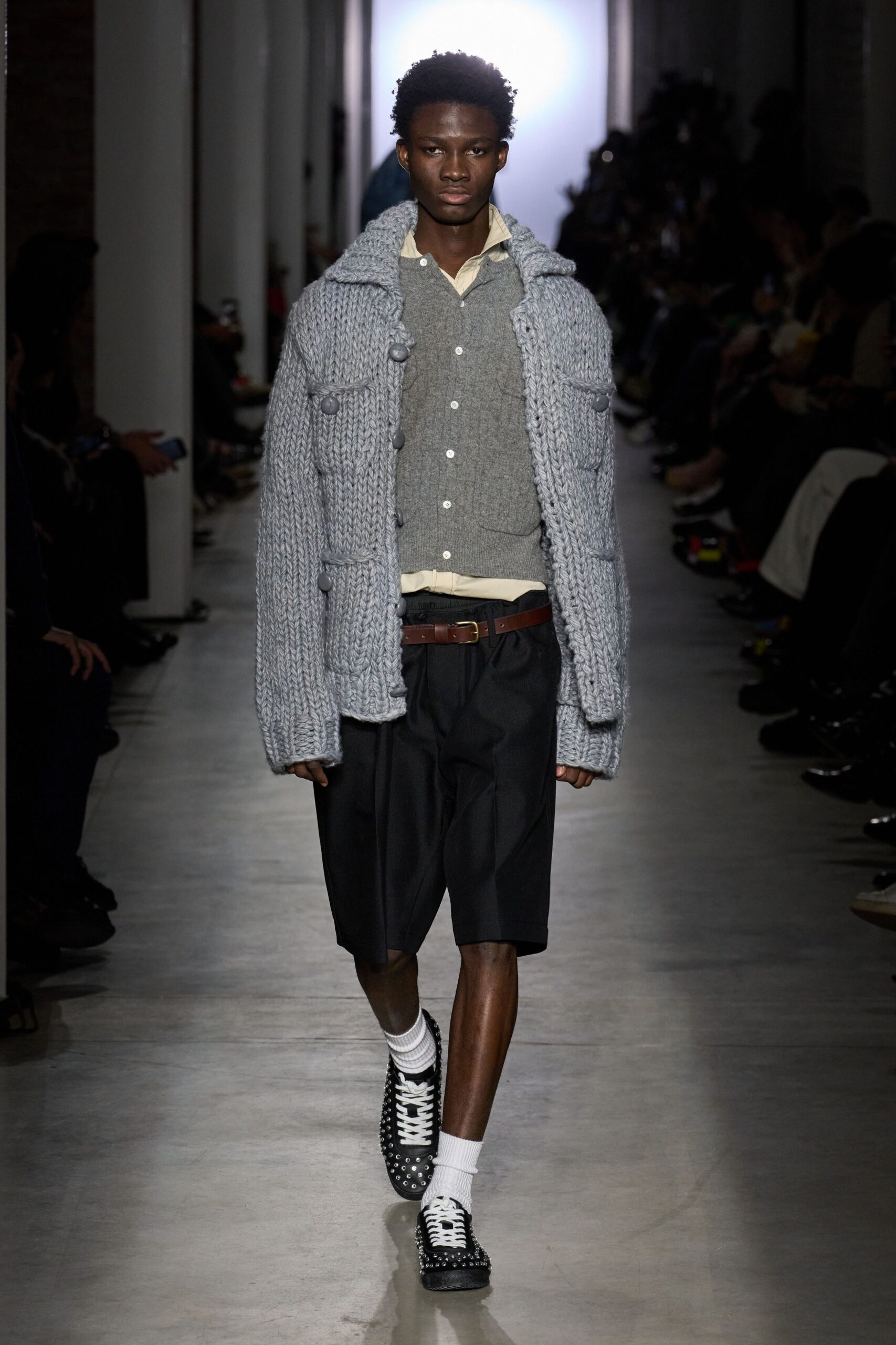 gray cardigan with black pants