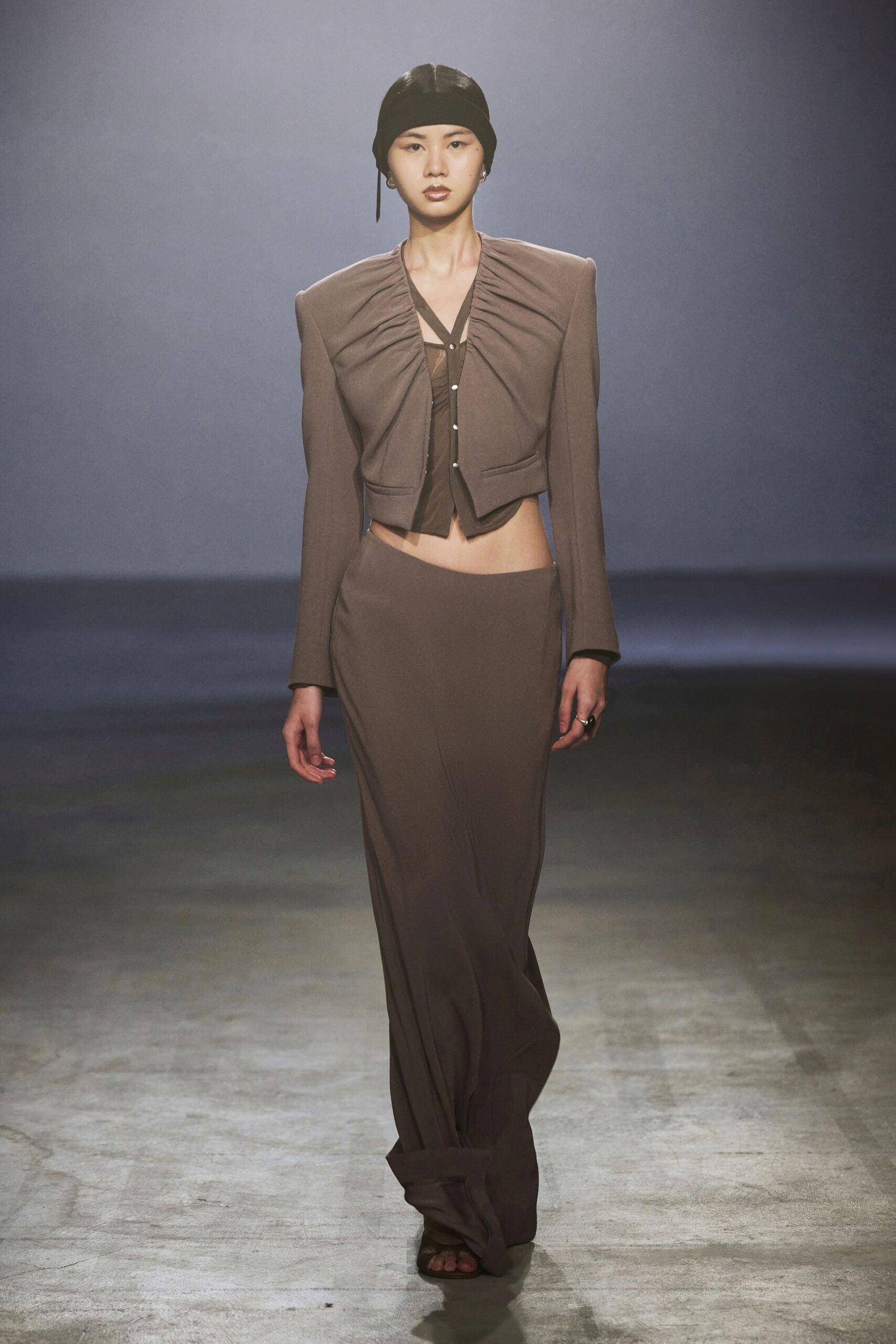 brown silk long-sleeve collared structured pleated jacket