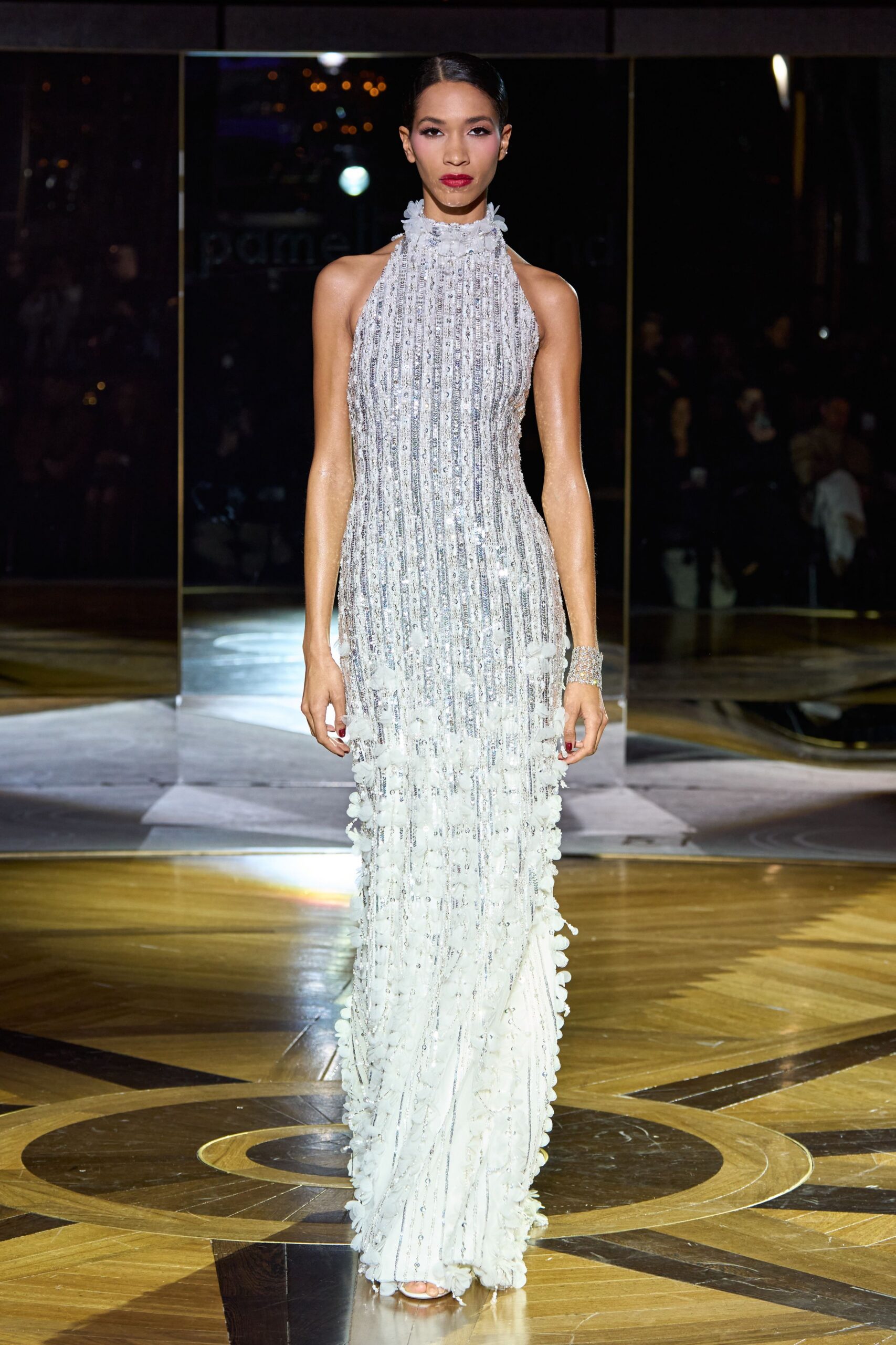 white silk sleeveless high-neck fitted beaded ruffled gown