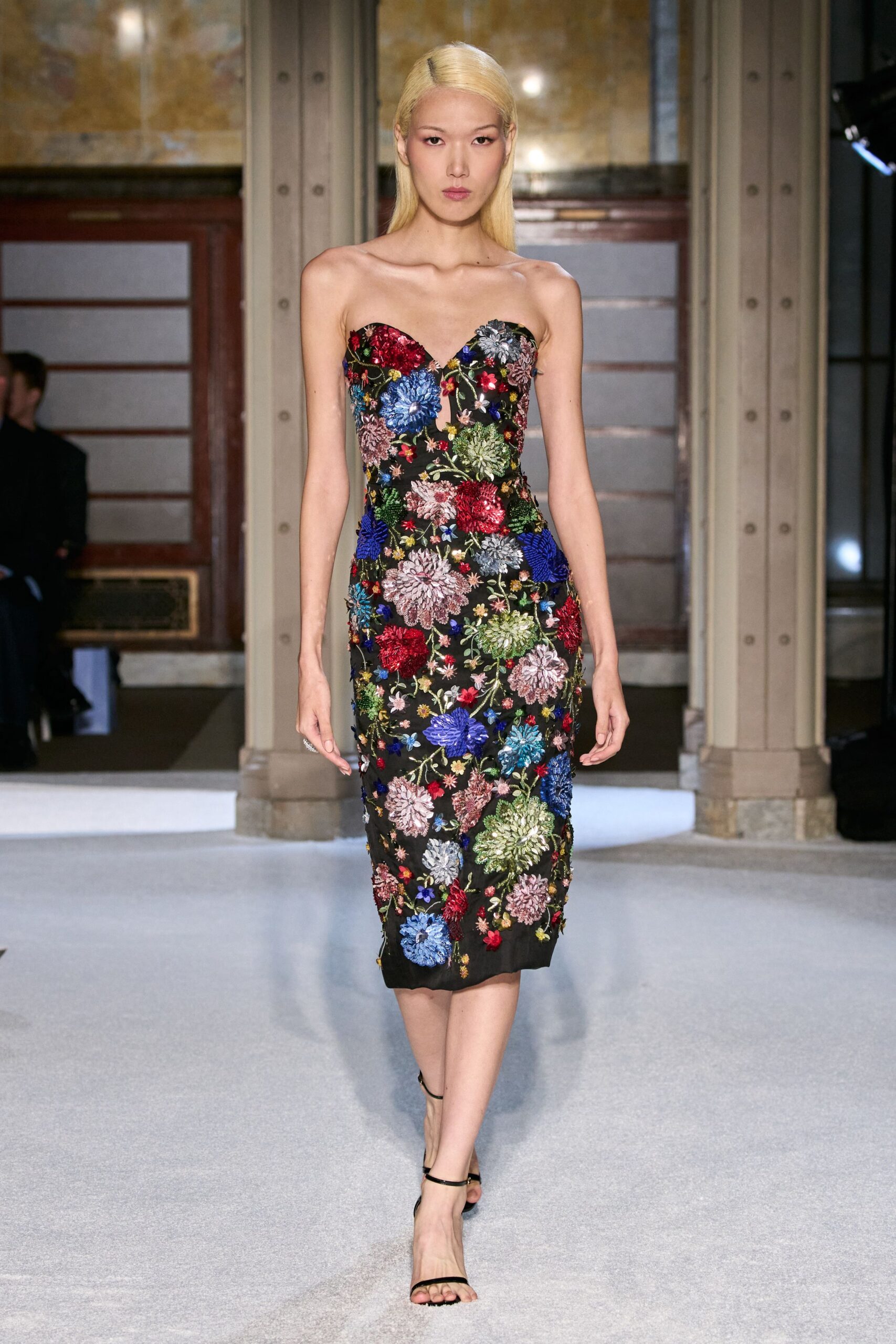 black silk strapless fitted floral midi dress