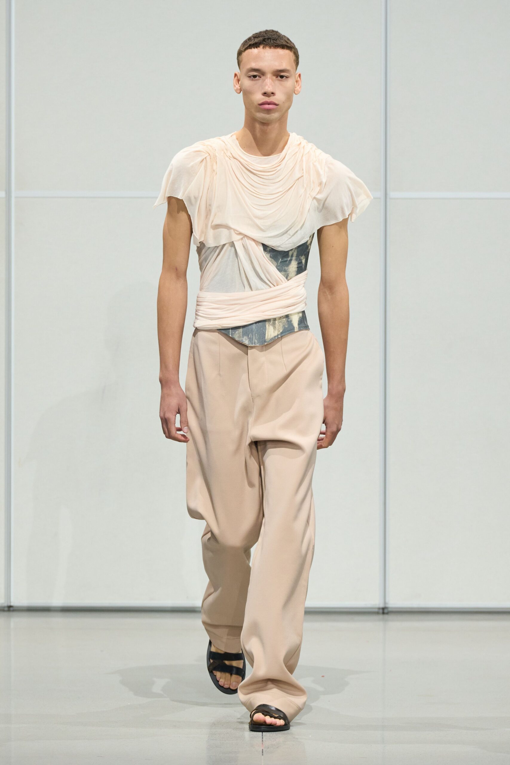 beige silk sleeveless v-neck fitted draped top
