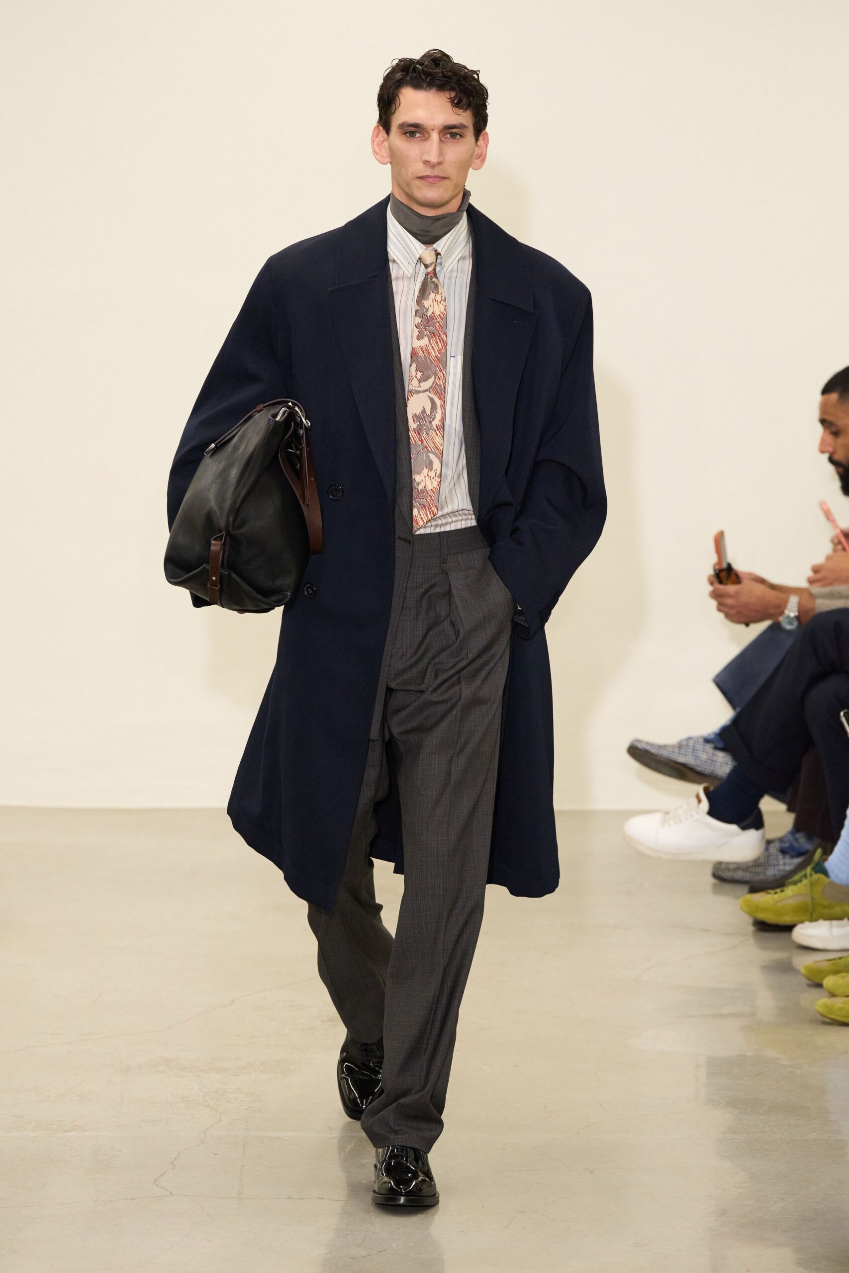 blue wool long-sleeve collared oversized coat