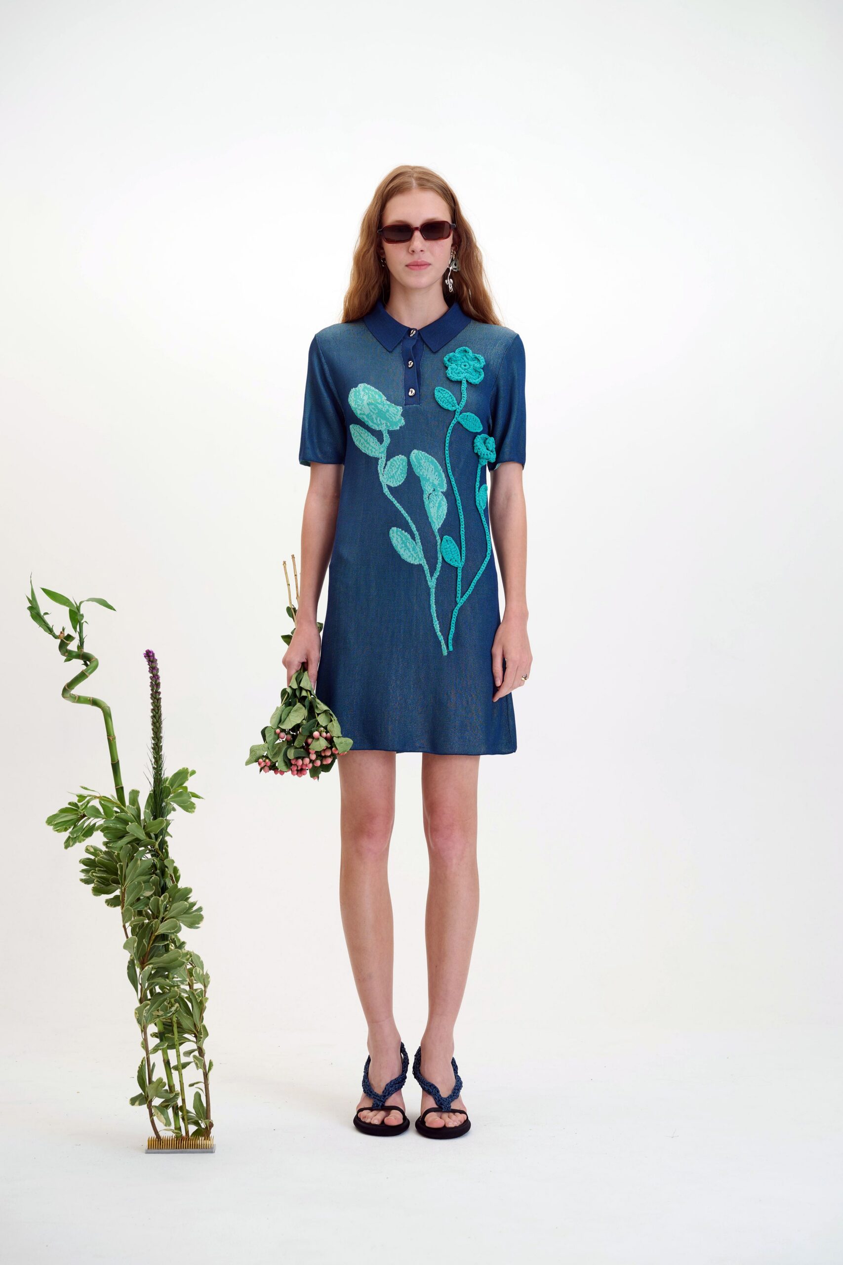 blue denim short-sleeve collared relaxed embroidered mini shirt-dress