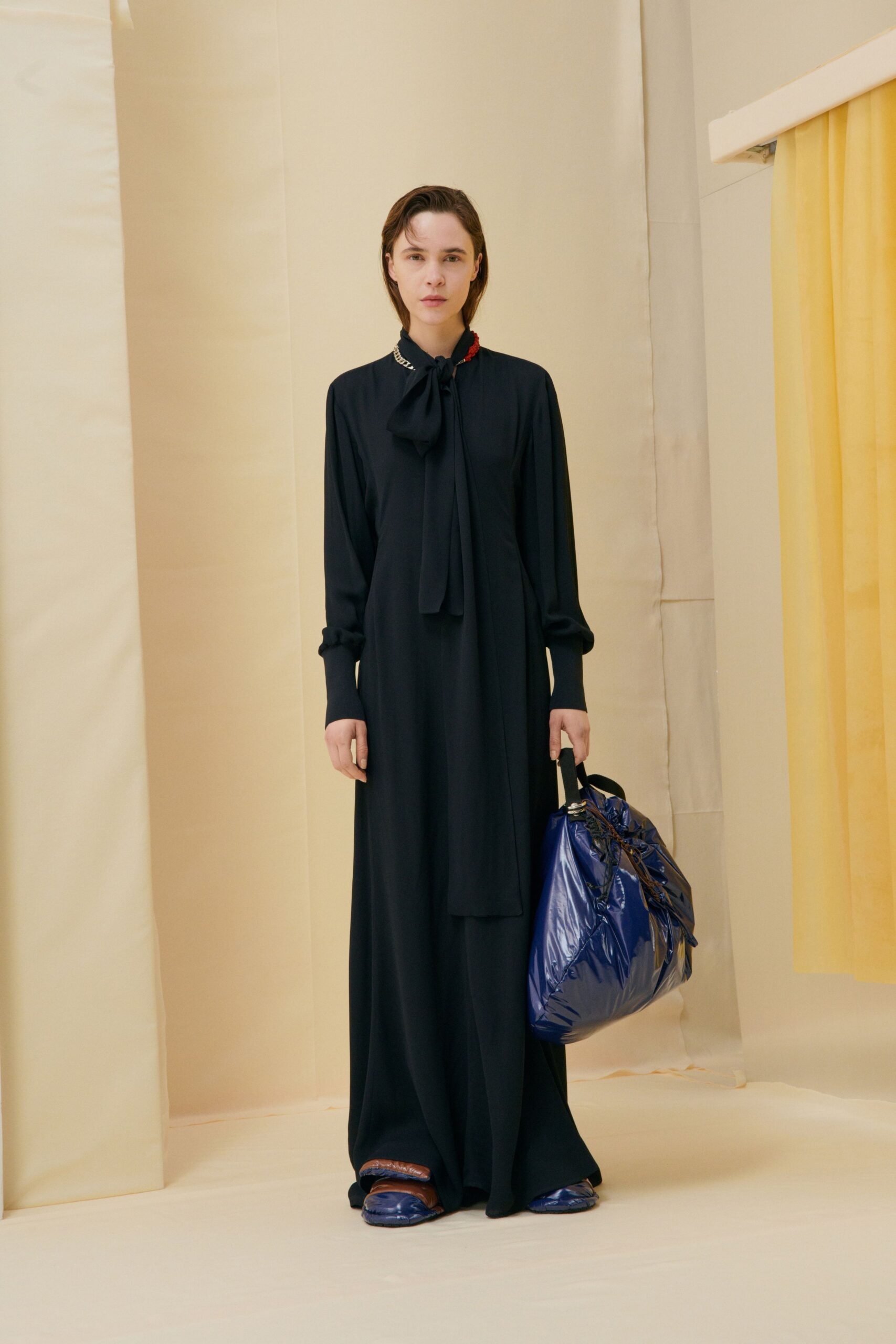 black silk long-sleeve collared fitted draped maxi gown