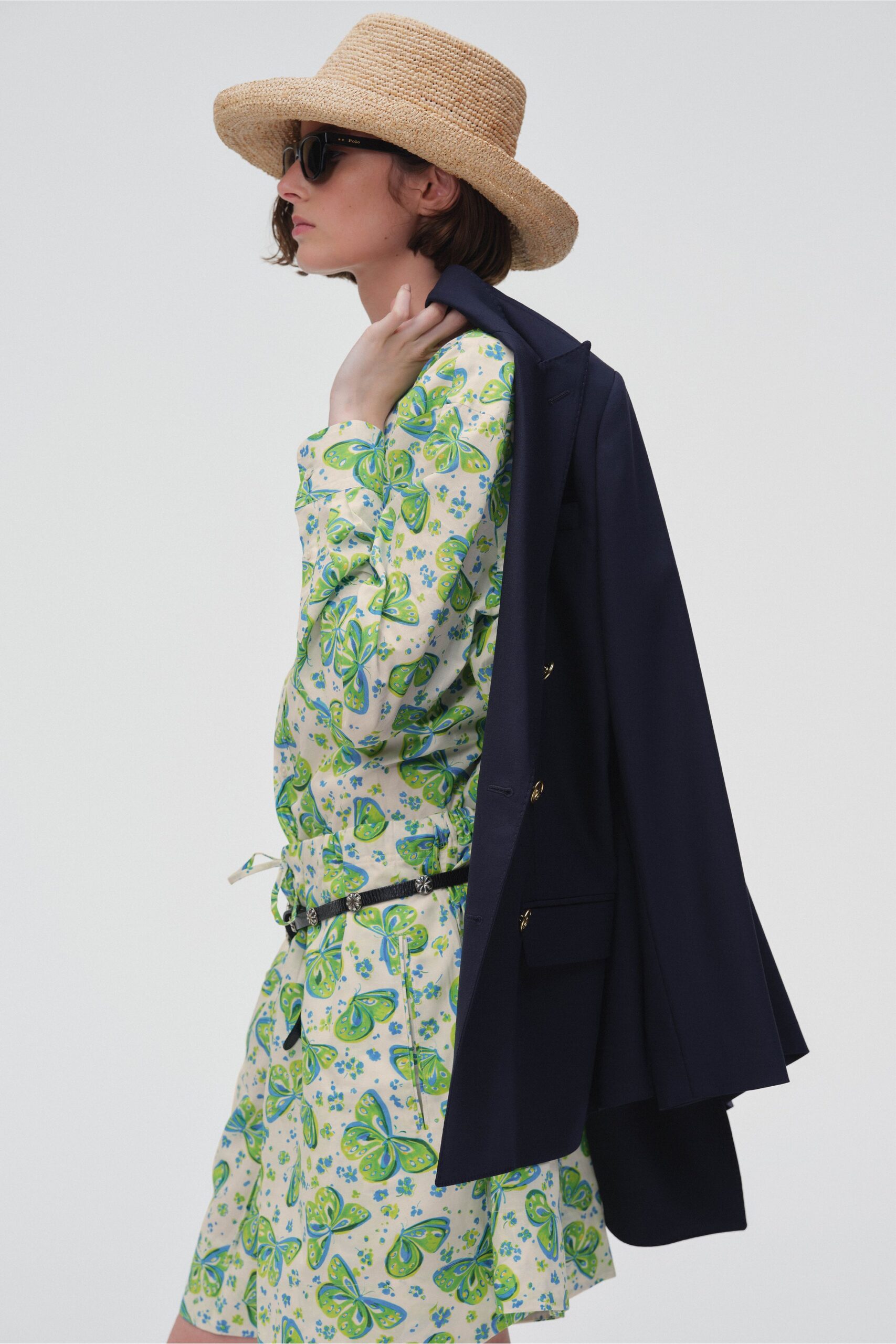 green cotton long-sleeve collared fitted printed mini dress