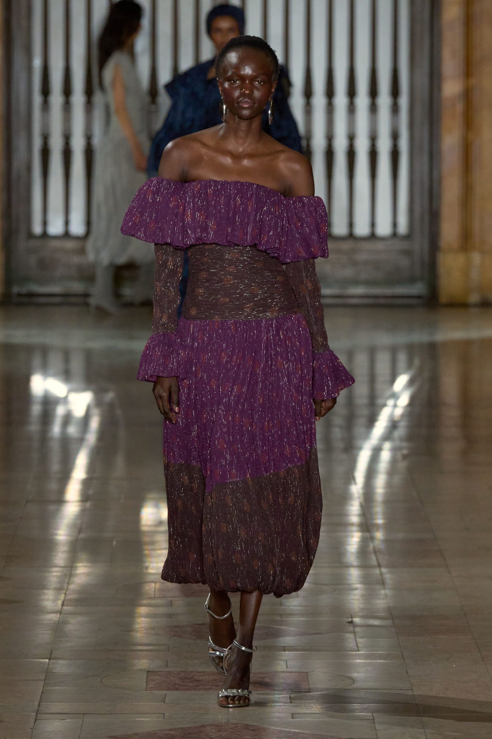 purple silk off-shoulder long-sleeve fitted ruffled tiered dress