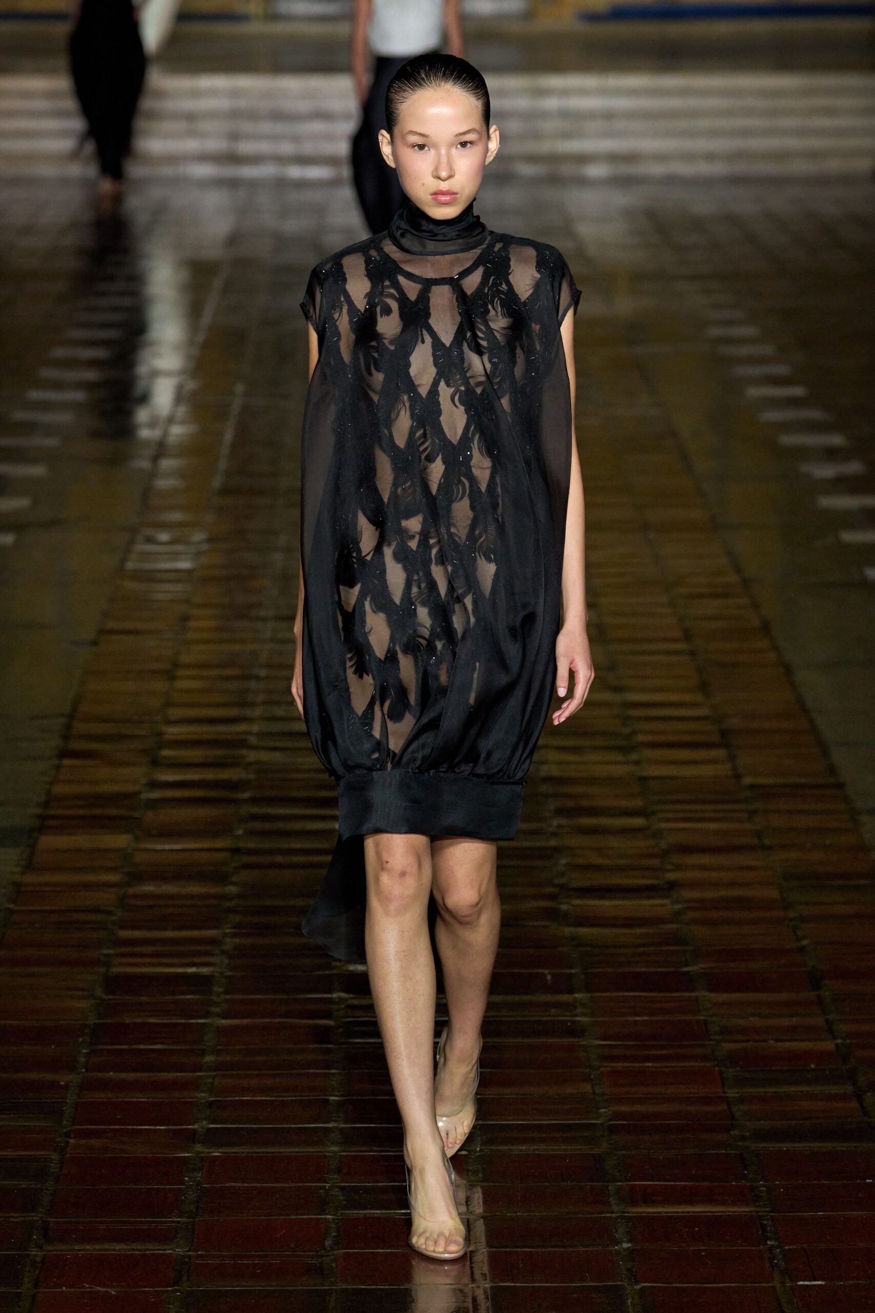 black silk sleeveless high-neck fitted draped dress