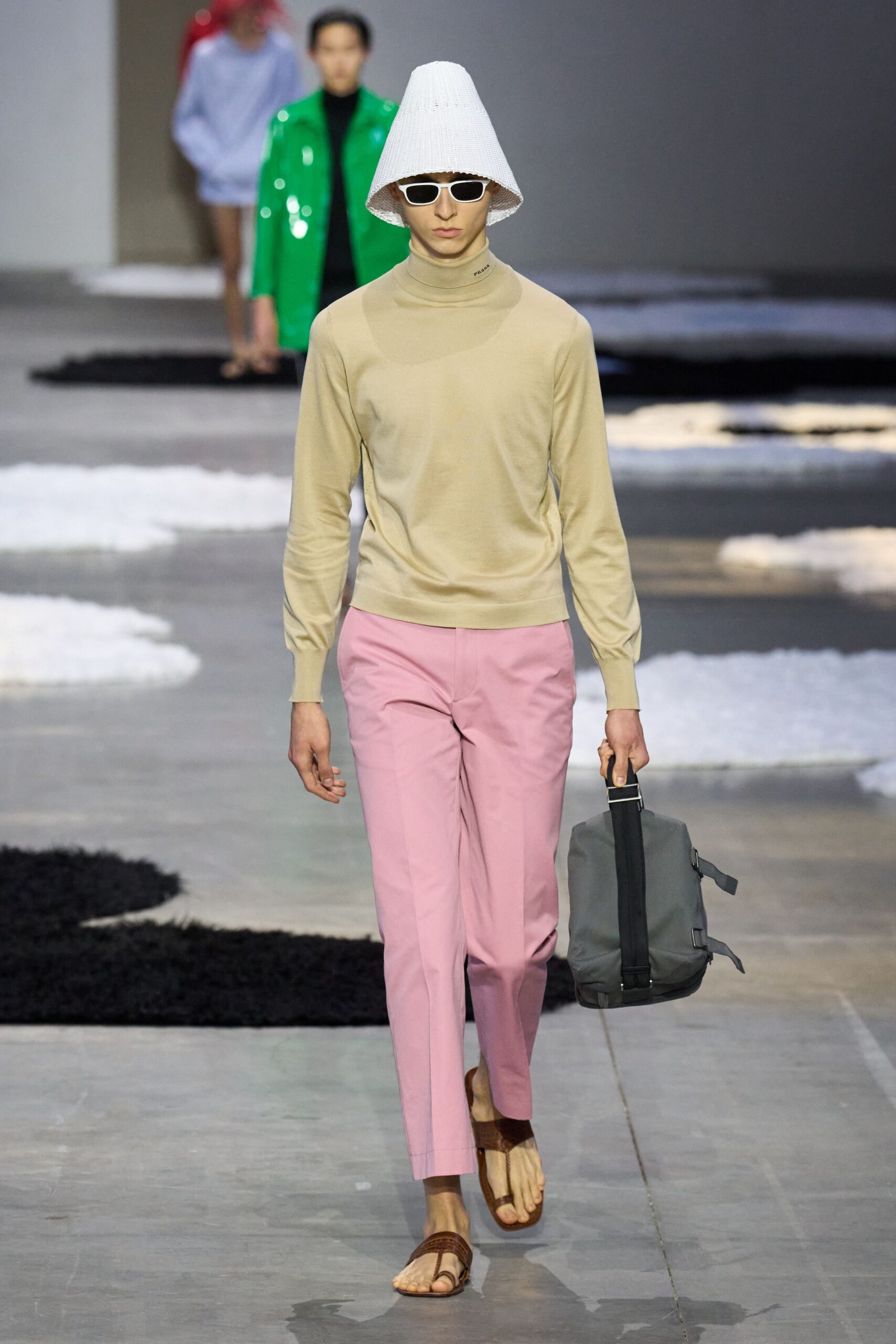 beige turtleneck top with pink pants