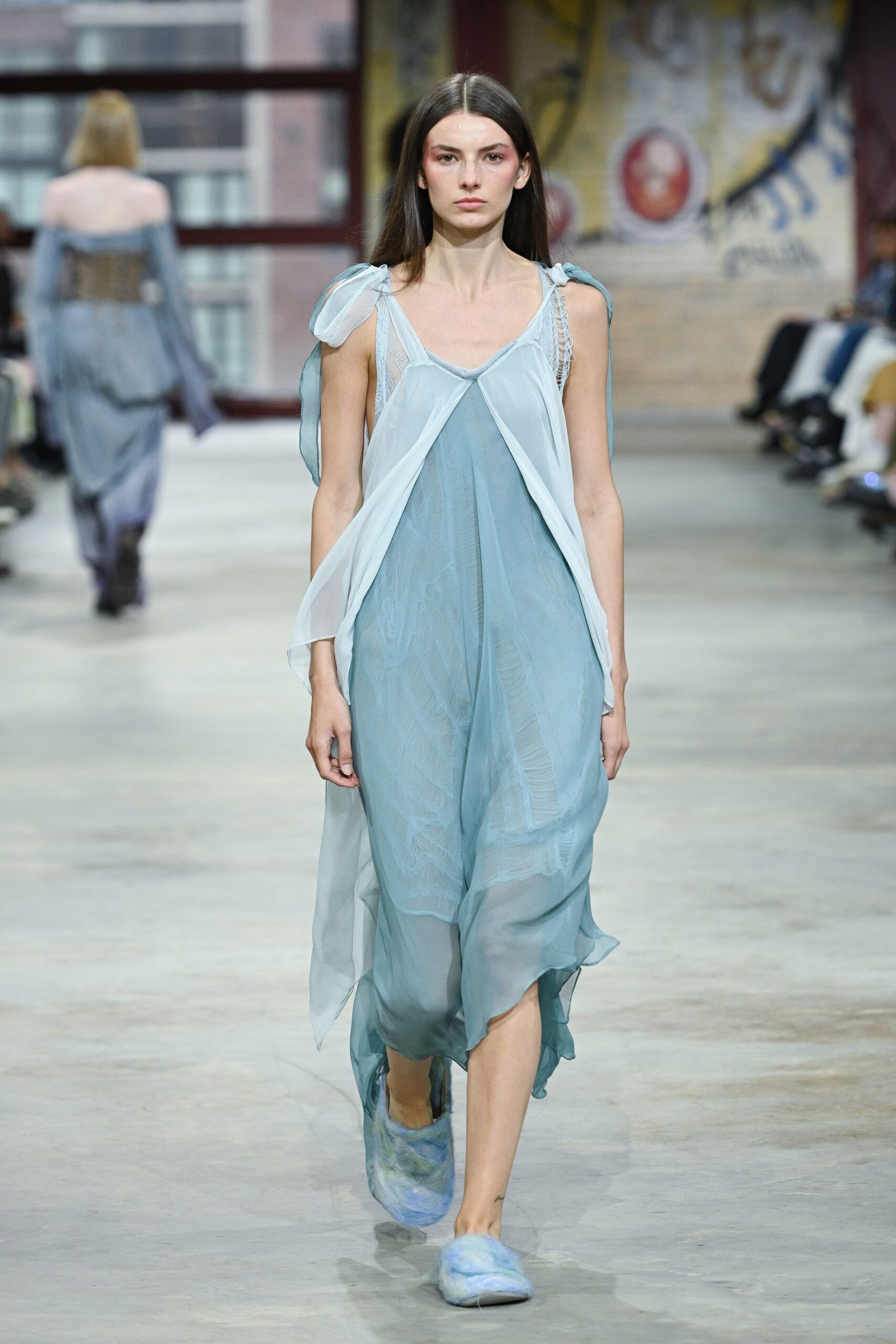 blue silk sleeveless v-neck relaxed layered flowing dress