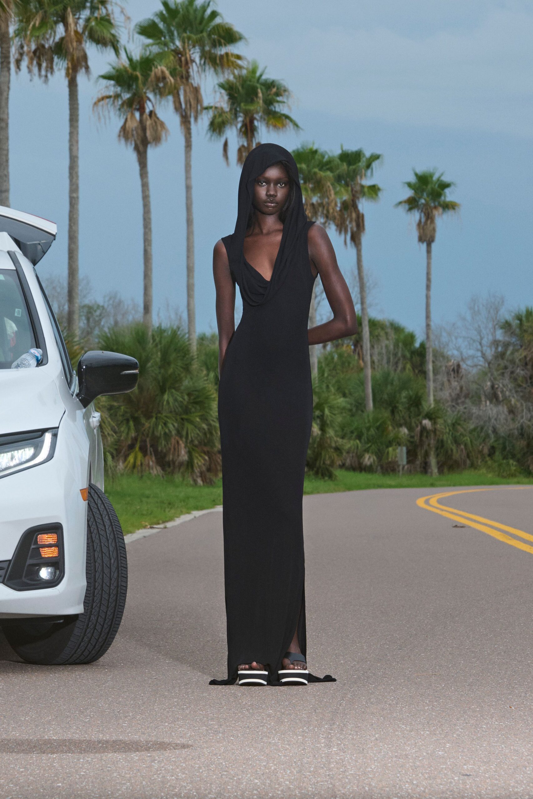 black hooded maxi gown with shoes