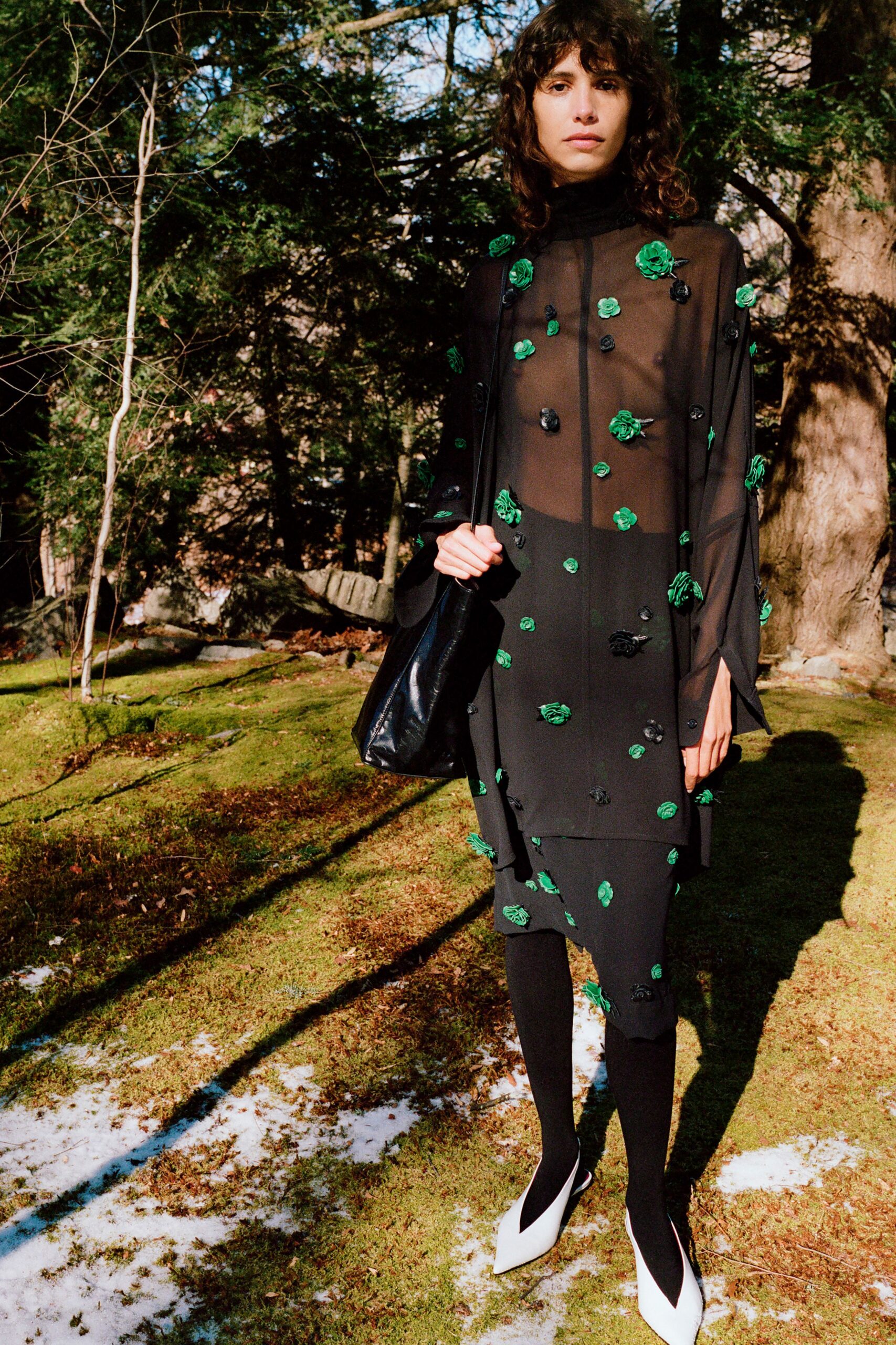 black midi dress with green embroidery