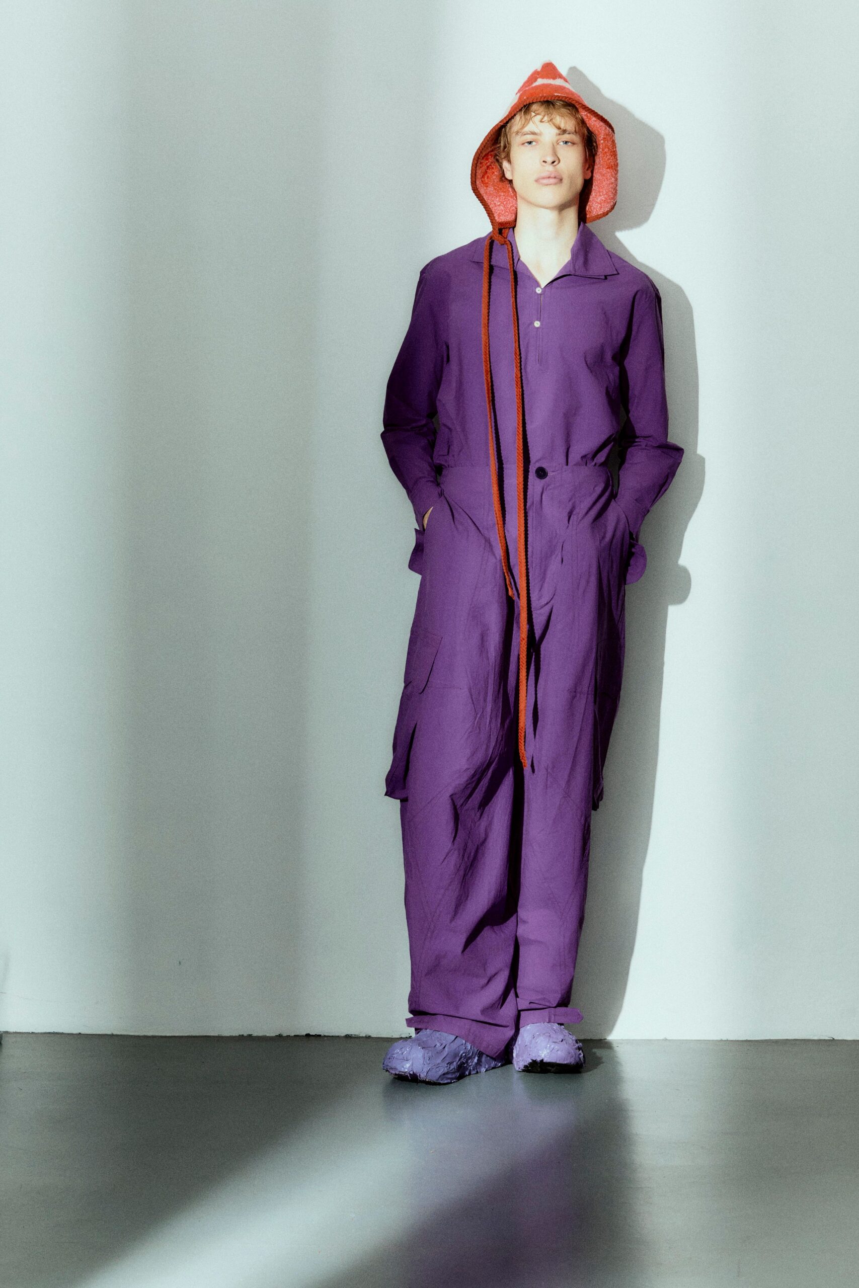 purple cotton long-sleeve collared relaxed pockets zippered jumpsuit