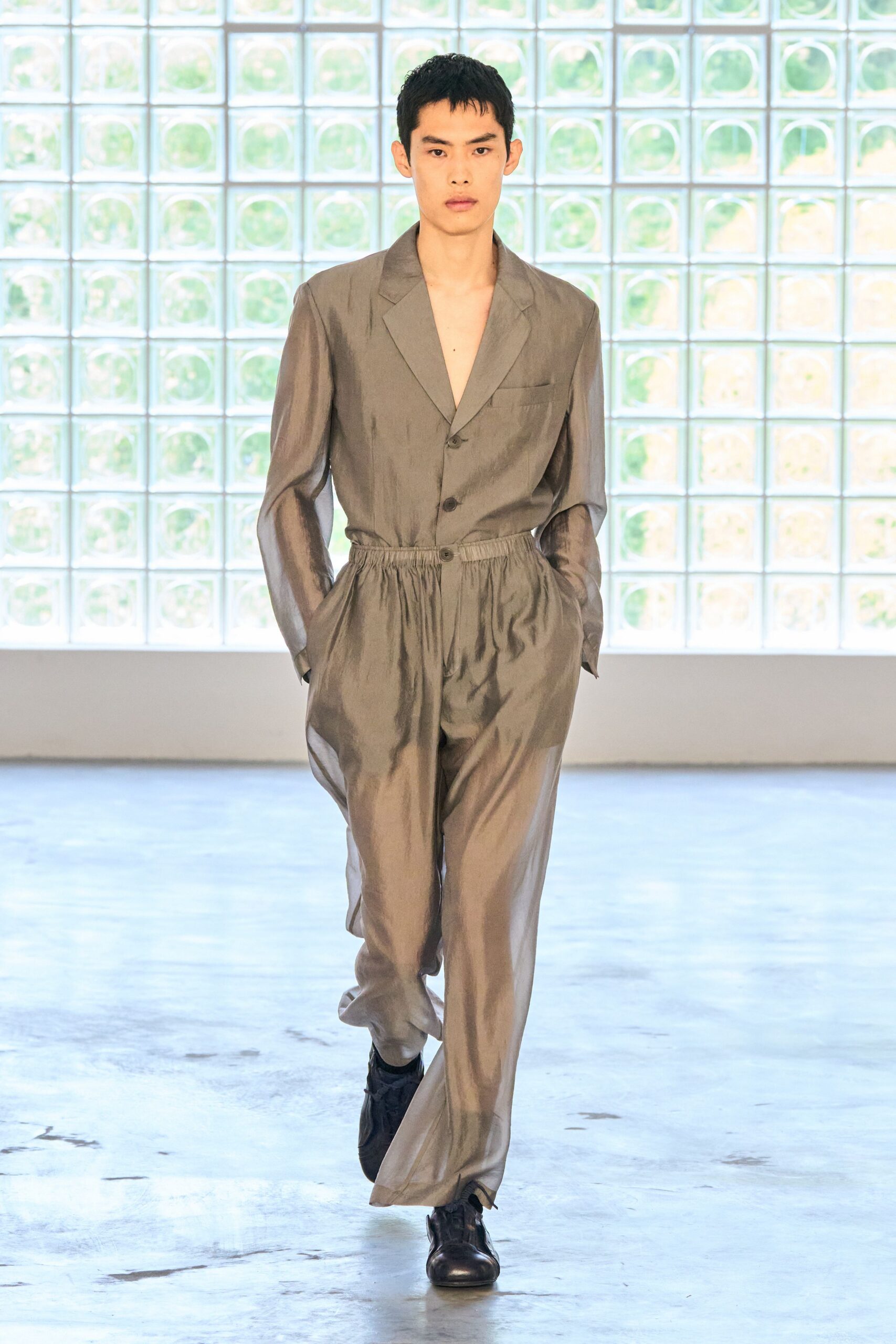 gray silk long-sleeve v-neck relaxed zippered belted jumpsuit