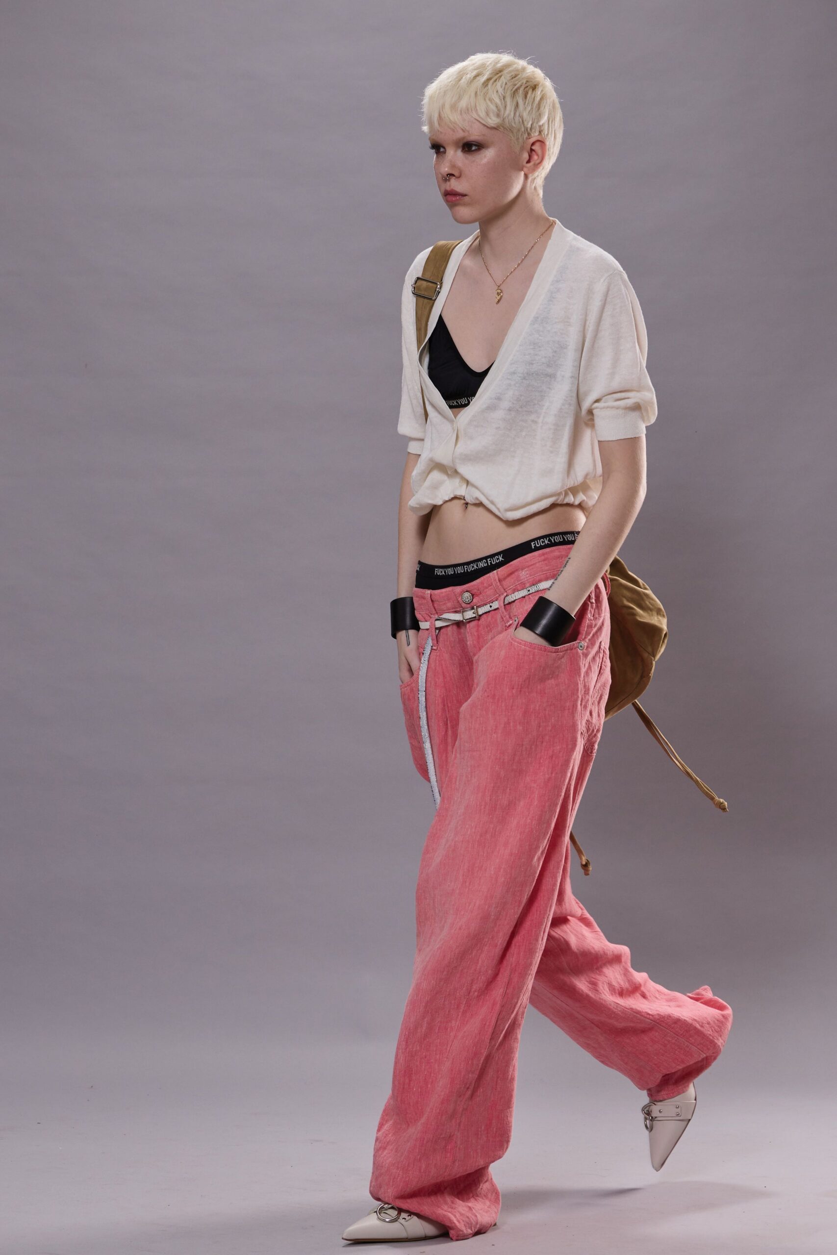 pink linen relaxed high-waisted pleated pants