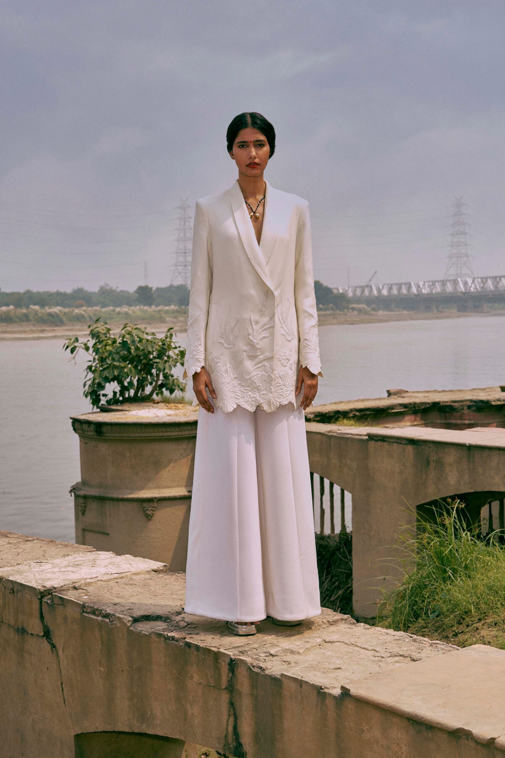 white tailored blazer with wide-leg pants