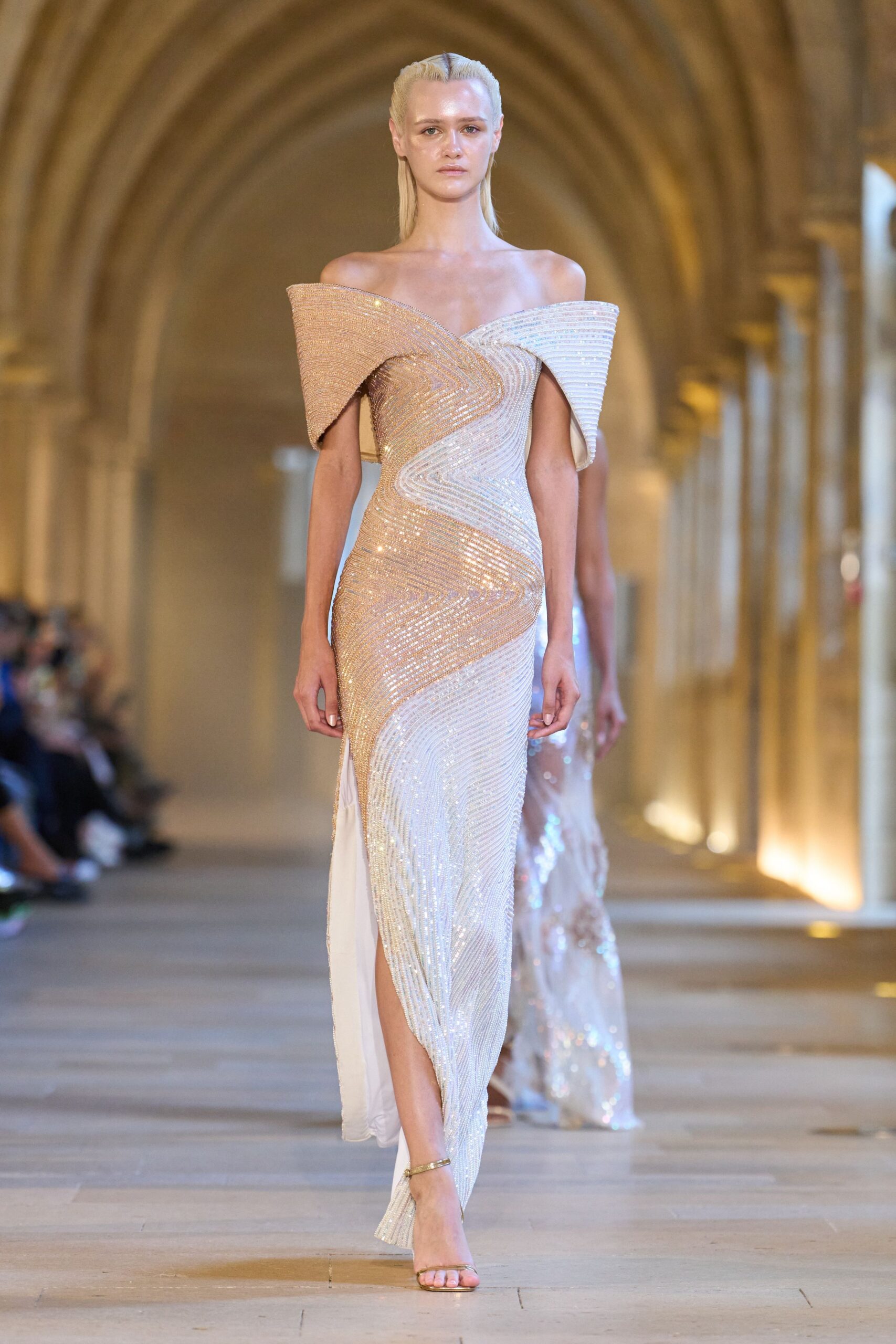 white sequin off-shoulder slit fitted draped embellished gown
