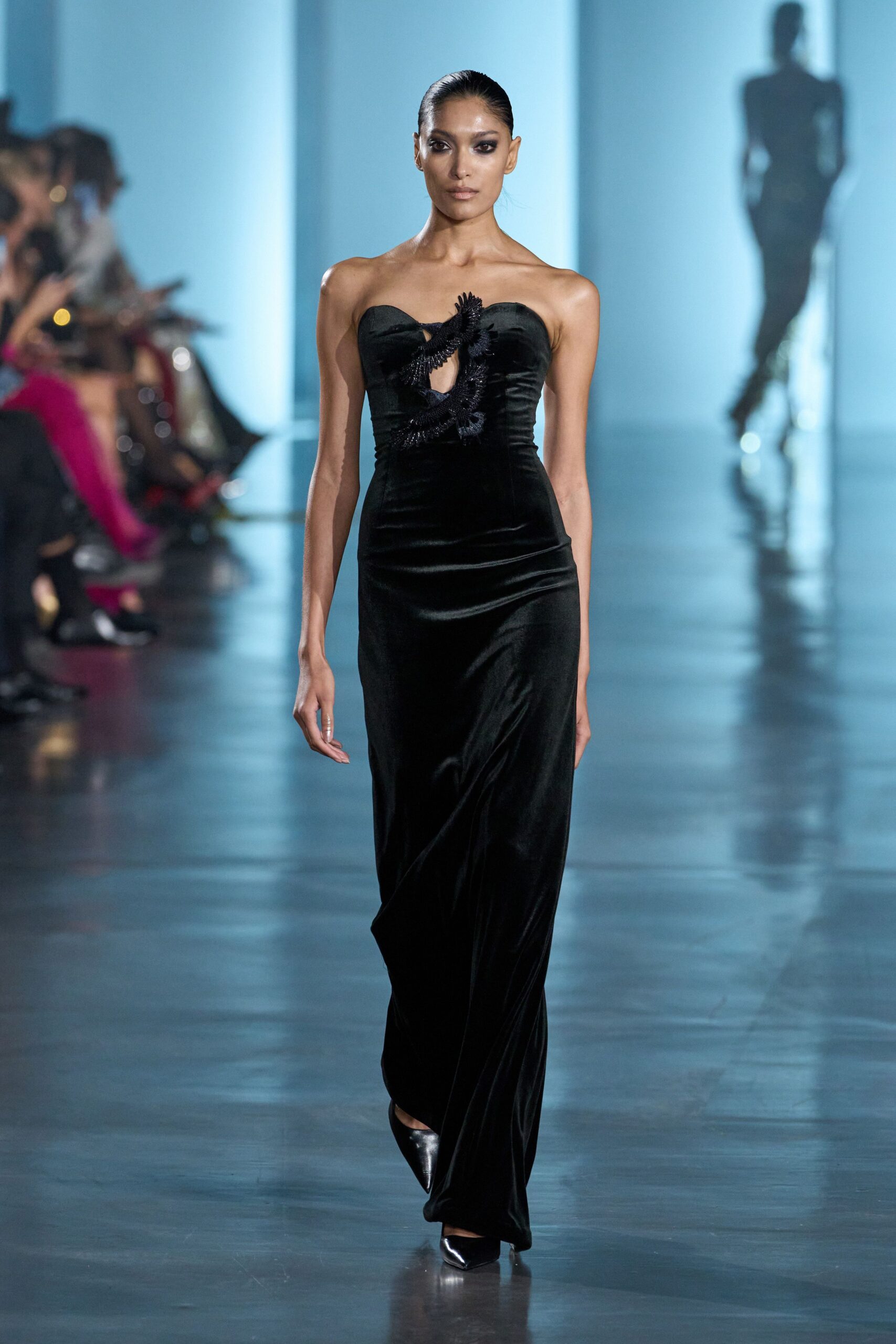 black velvet strapless gown