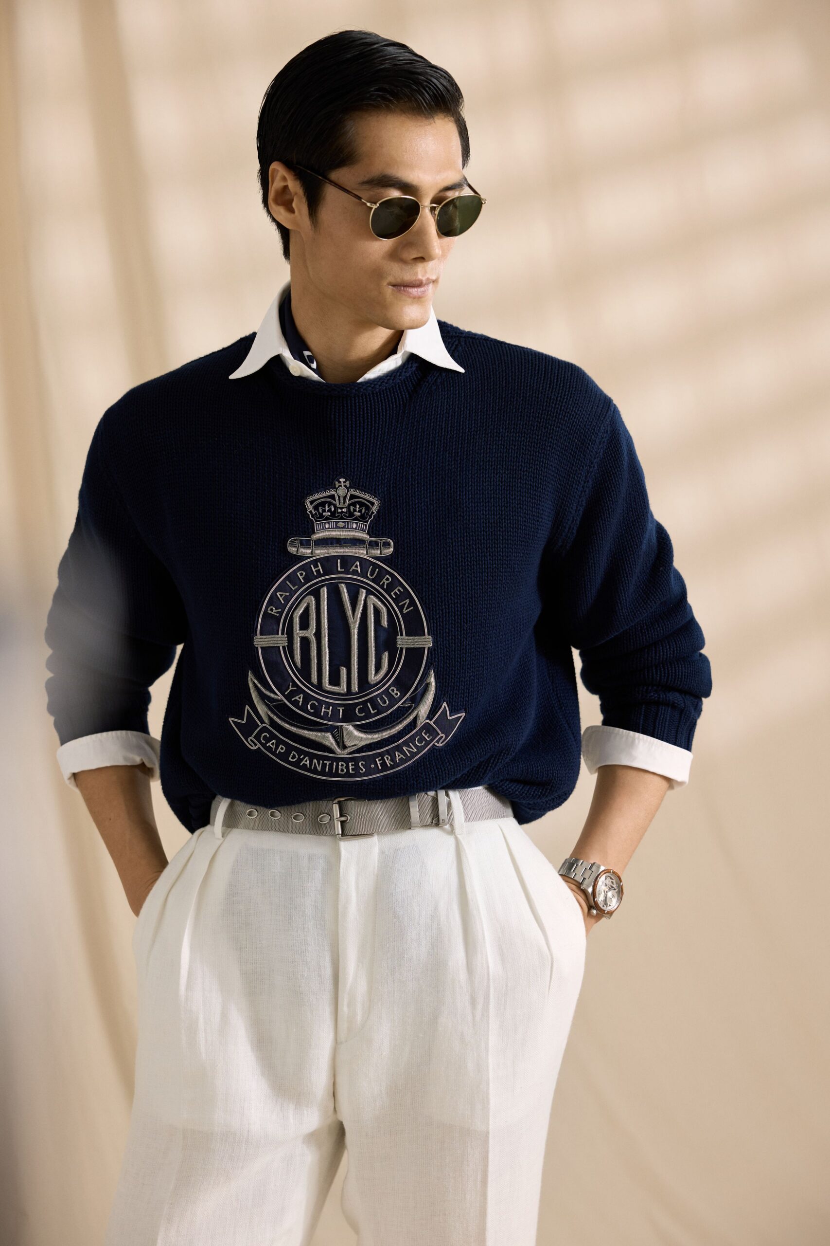 navy sweater white shirt tailored pants