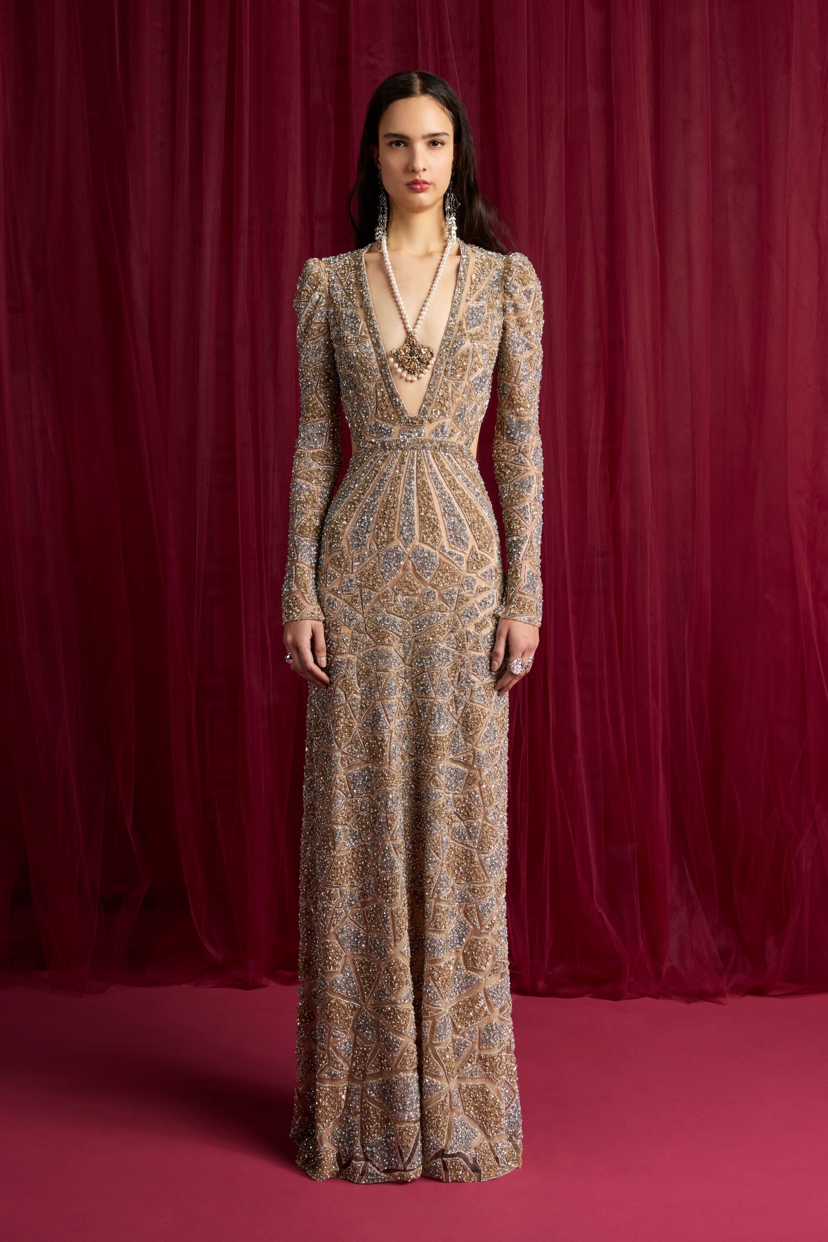 gold embellished long-sleeve gown