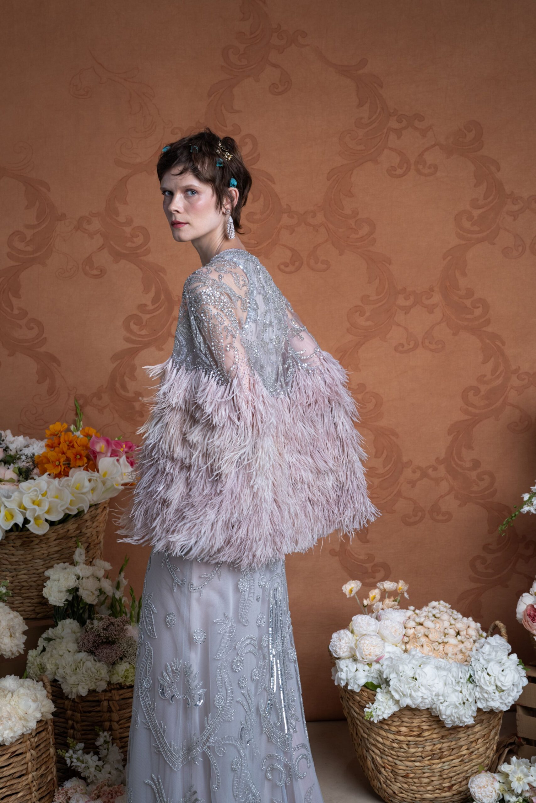 gray embellished maxi gown with pink cape