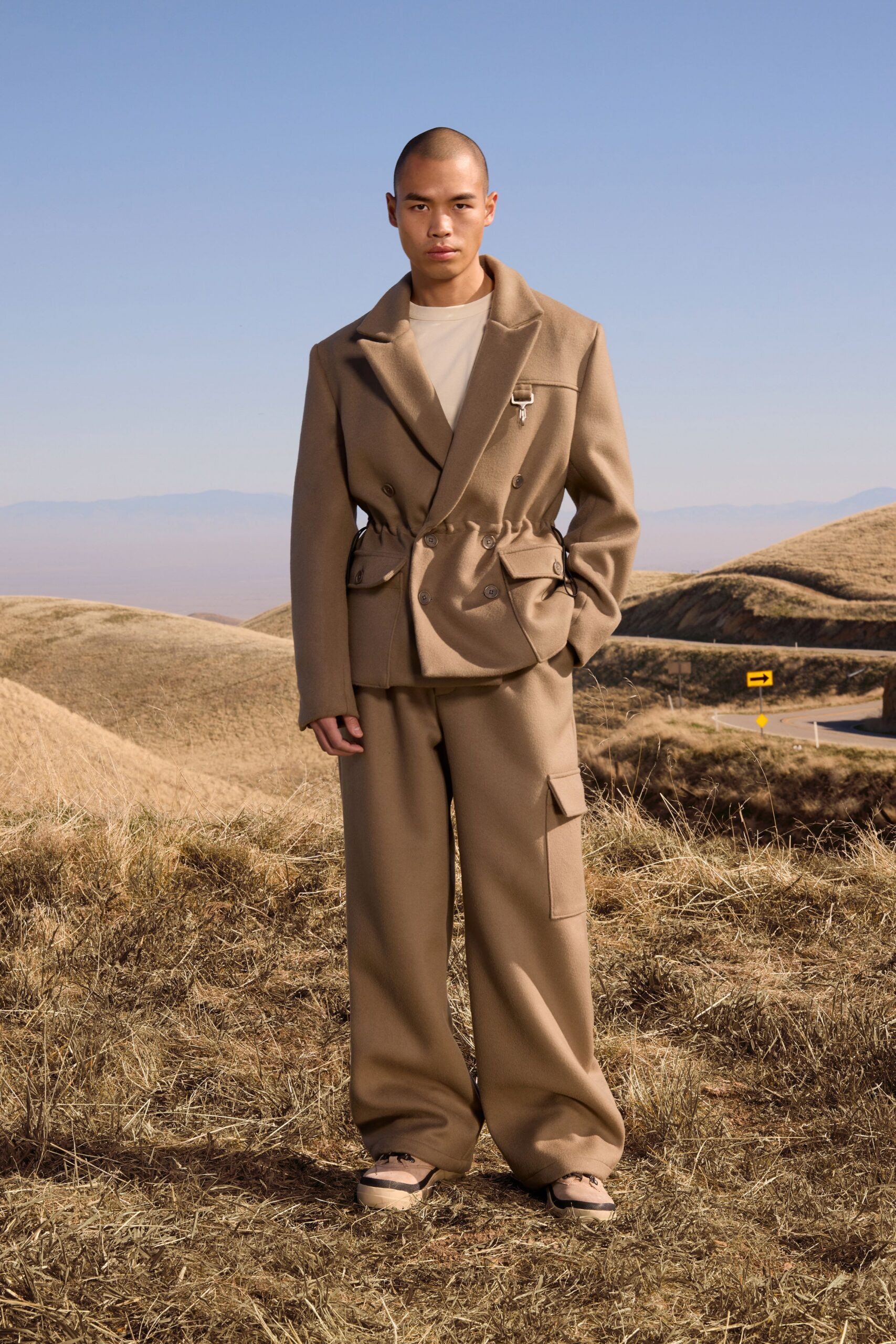 brown wool long-sleeve collared structured belted blazer