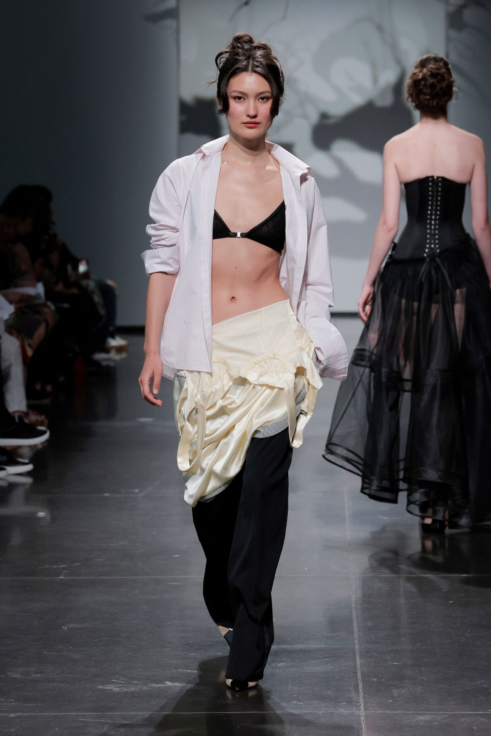 white relaxed shirt with black bra