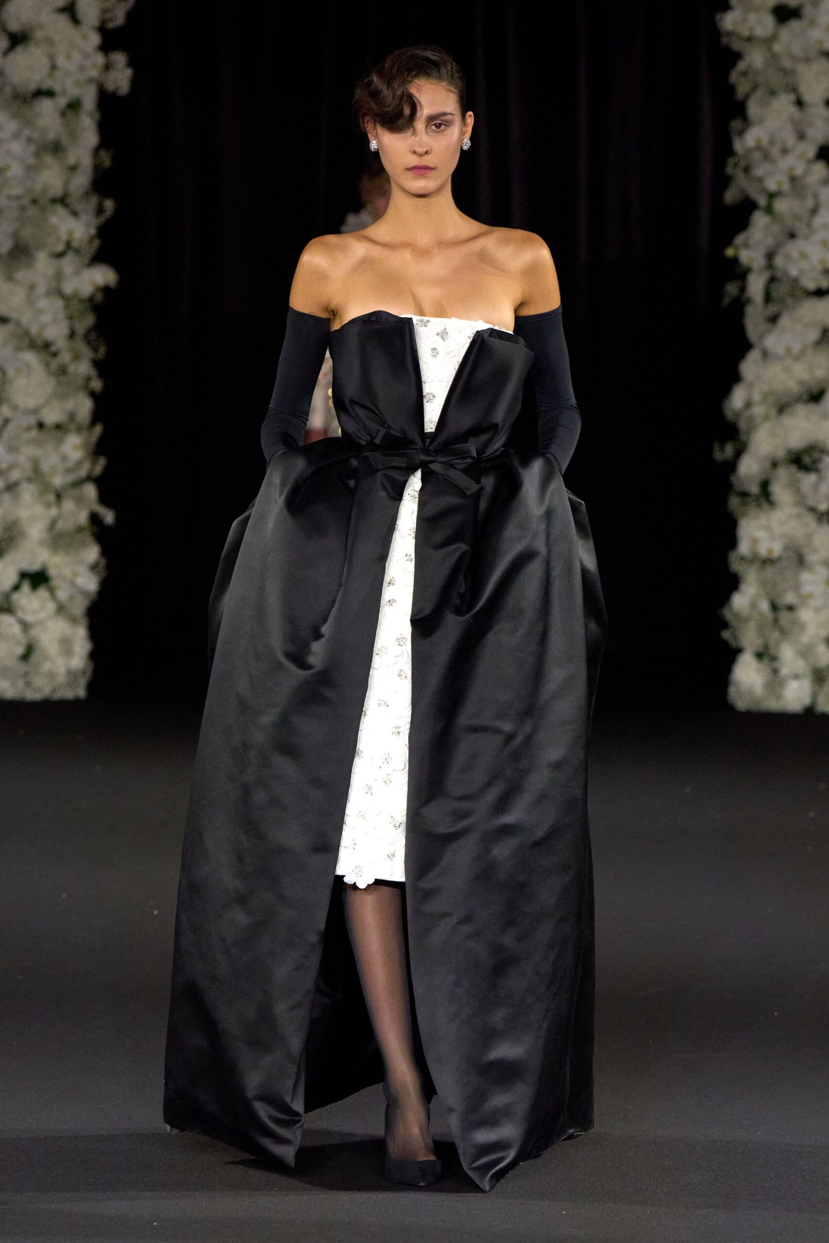 black silk strapless v-neck fitted draped belted gown
