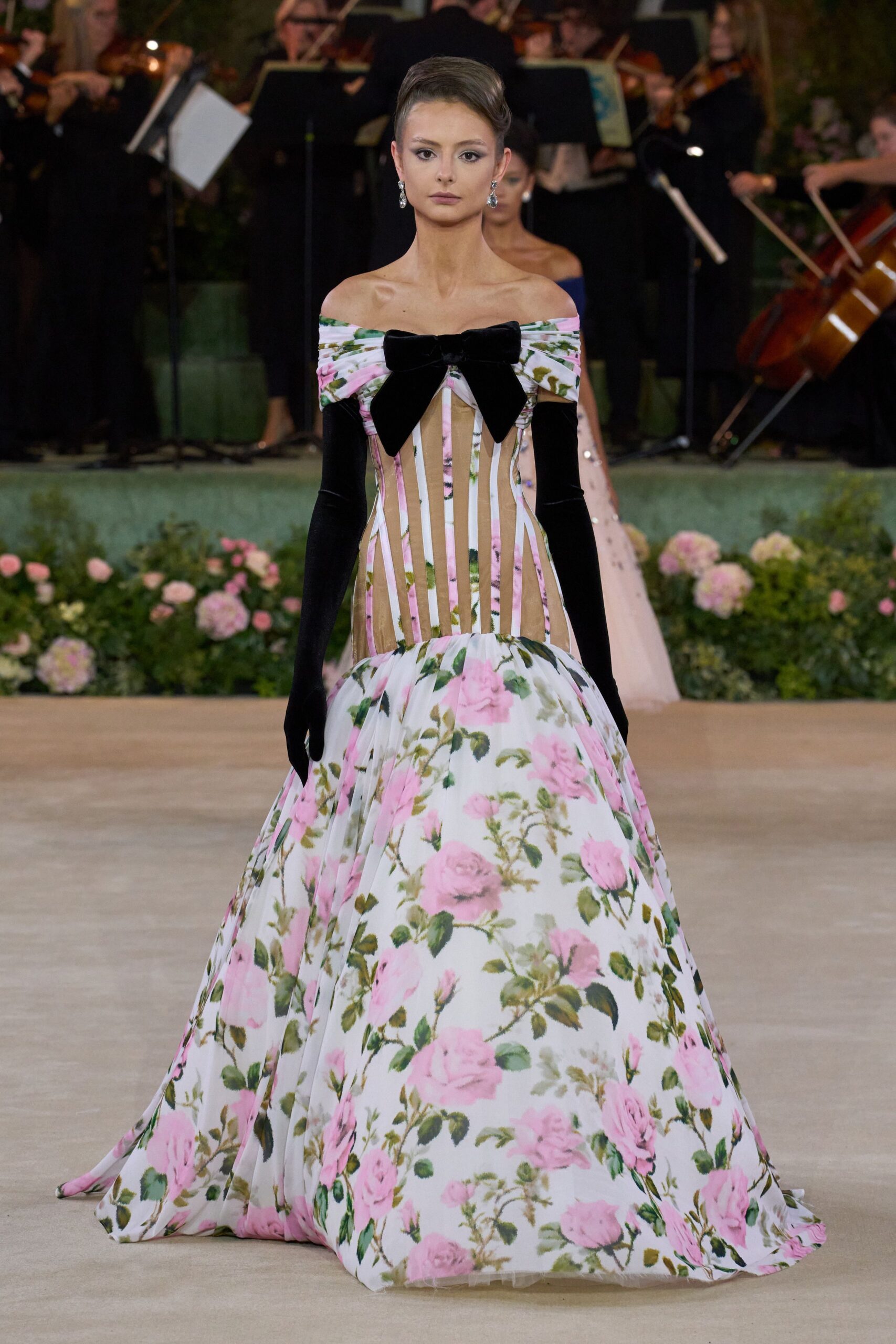 floral off-shoulder gown with gloves