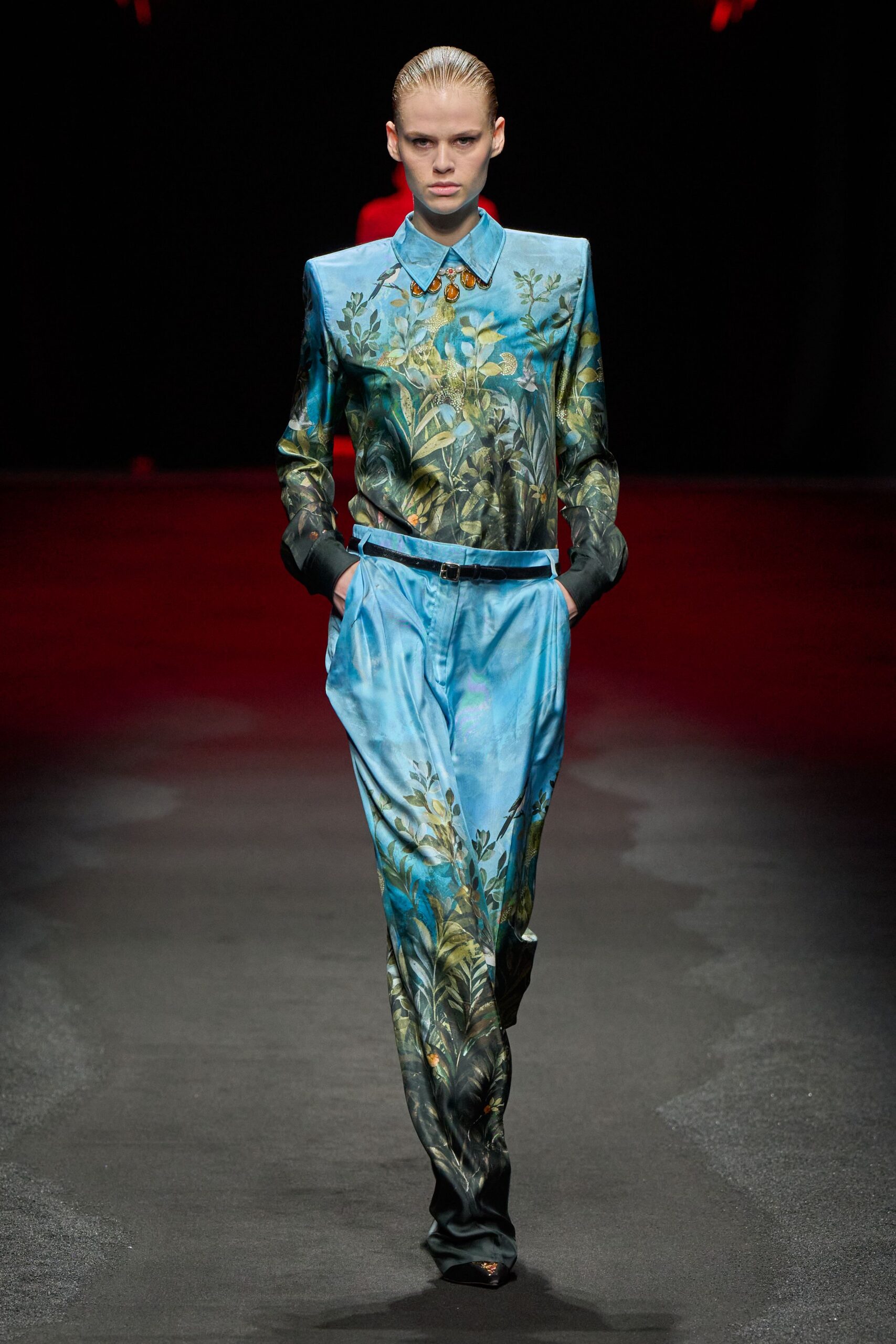blue silk printed shirt and pants
