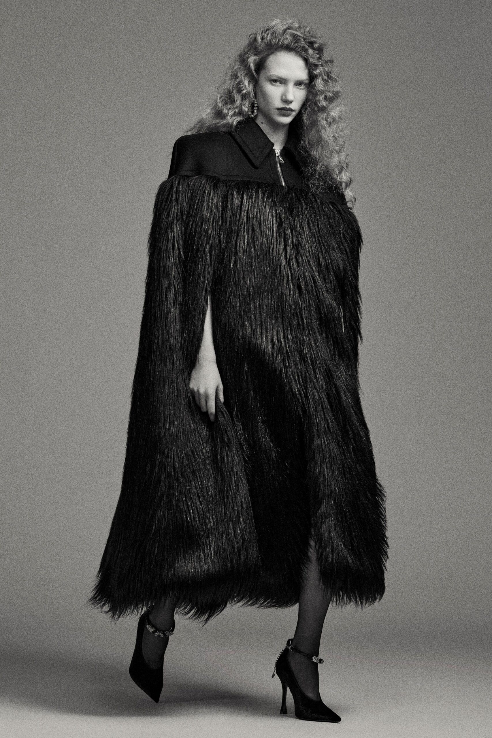 black fur collared relaxed layered maxi cape