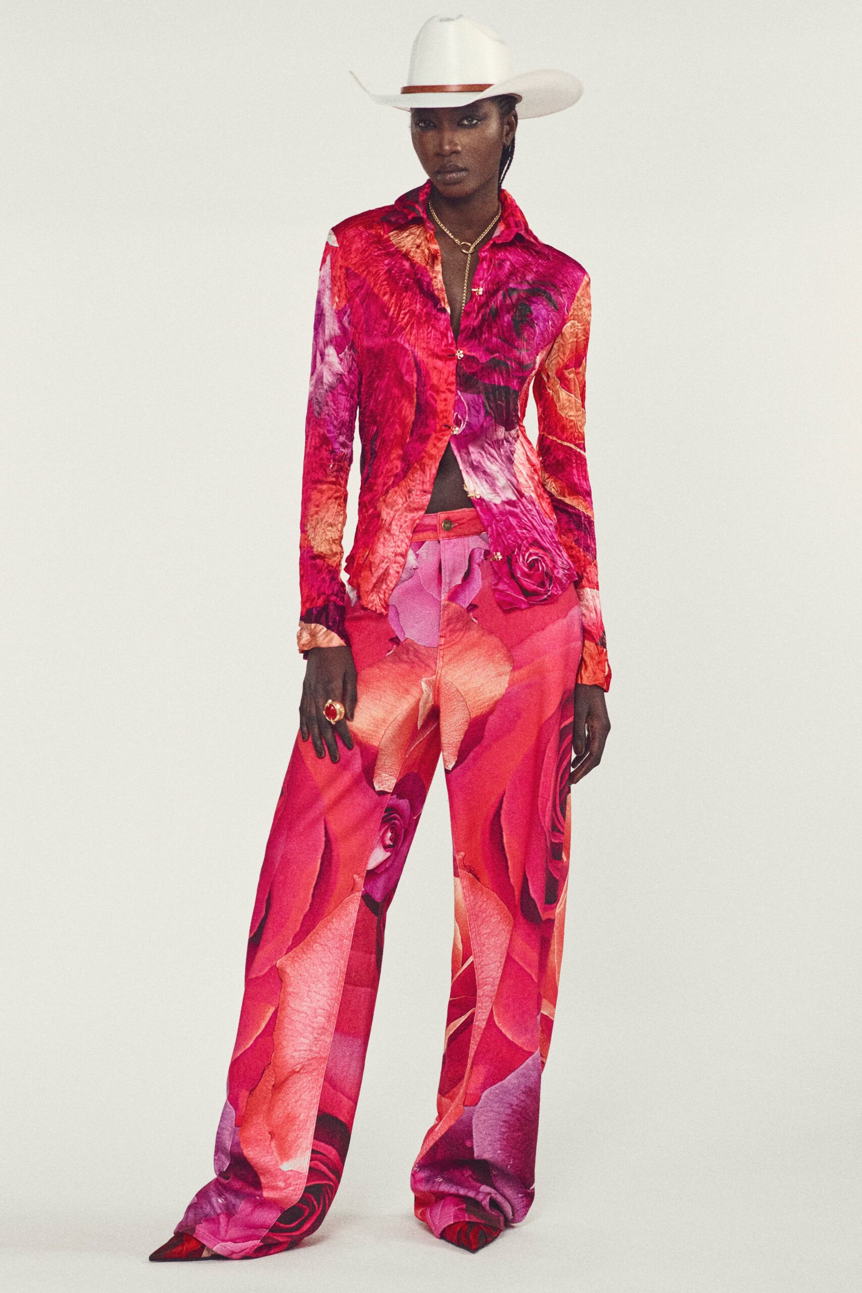 pink silk long-sleeve collared fitted printed shirt