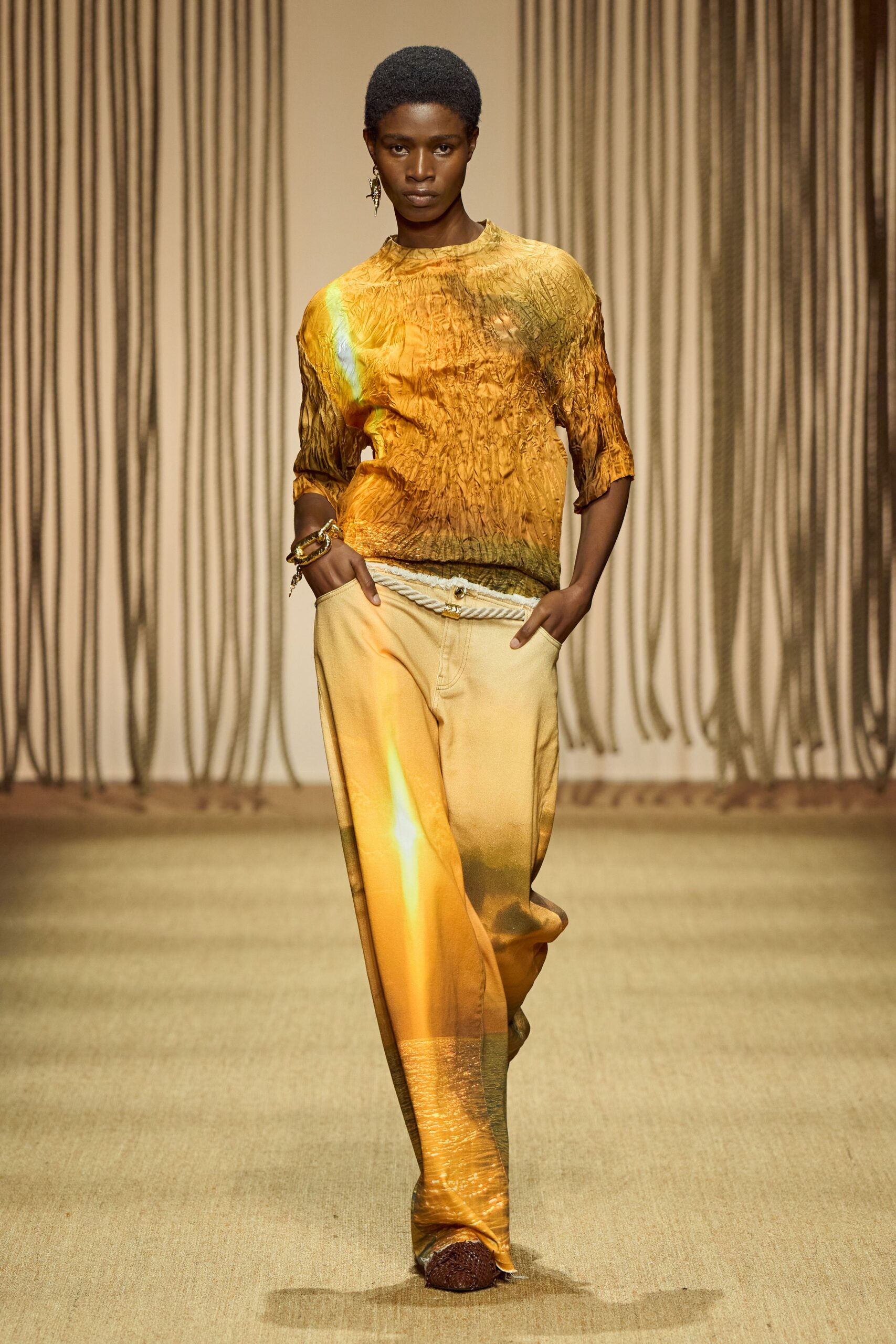 orange silk short-sleeve collared relaxed textured shiny top