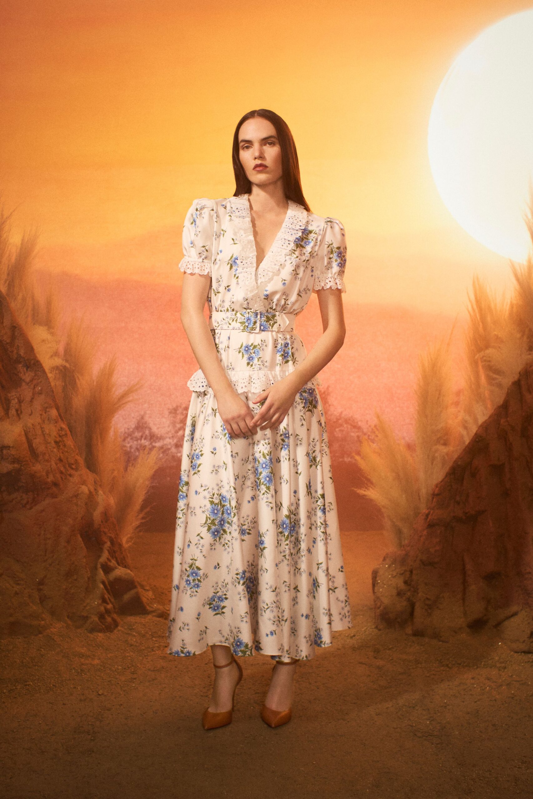 beige silk short-sleeve v-neck fitted floral tiered dress