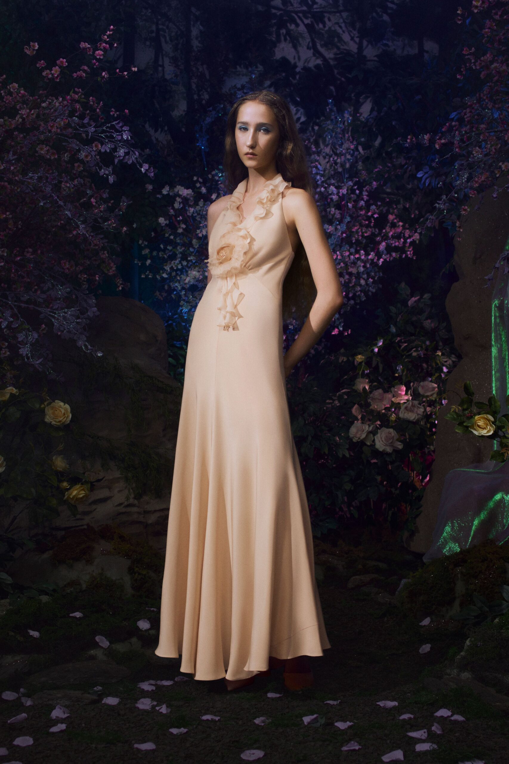 peach silk sleeveless gown