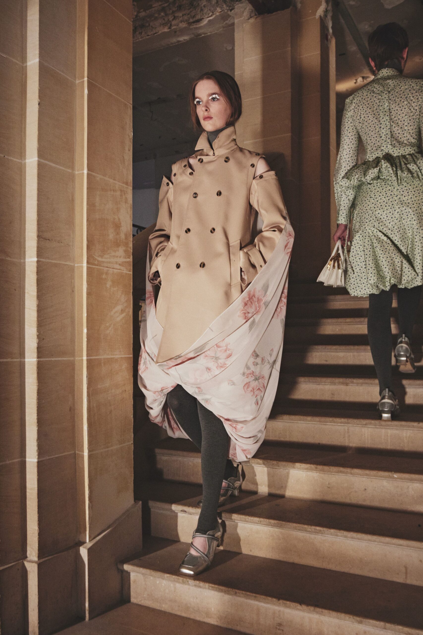 beige silk long-sleeve double-breasted structured floral draped coat