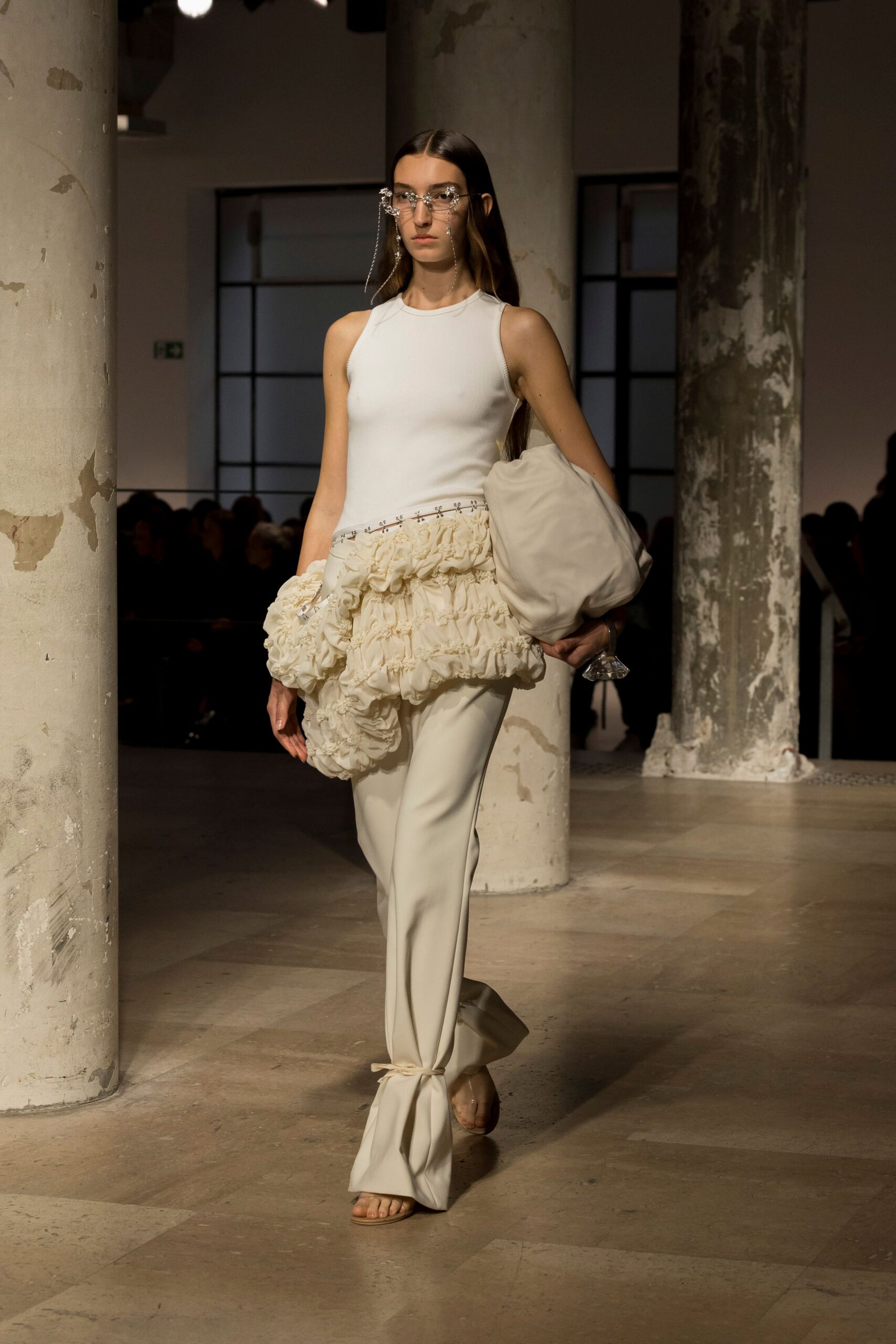 beige cotton long-sleeve fitted flared pants