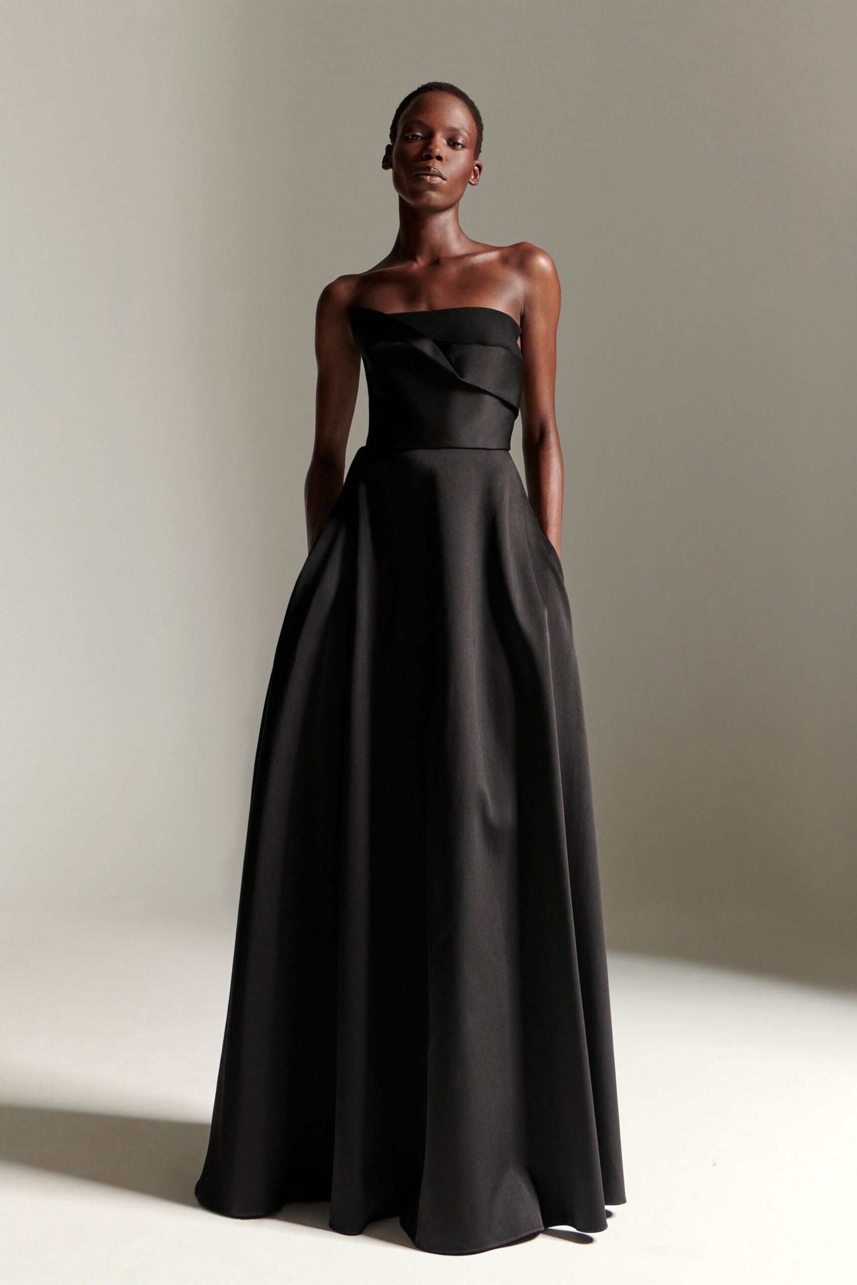 black silk strapless gown