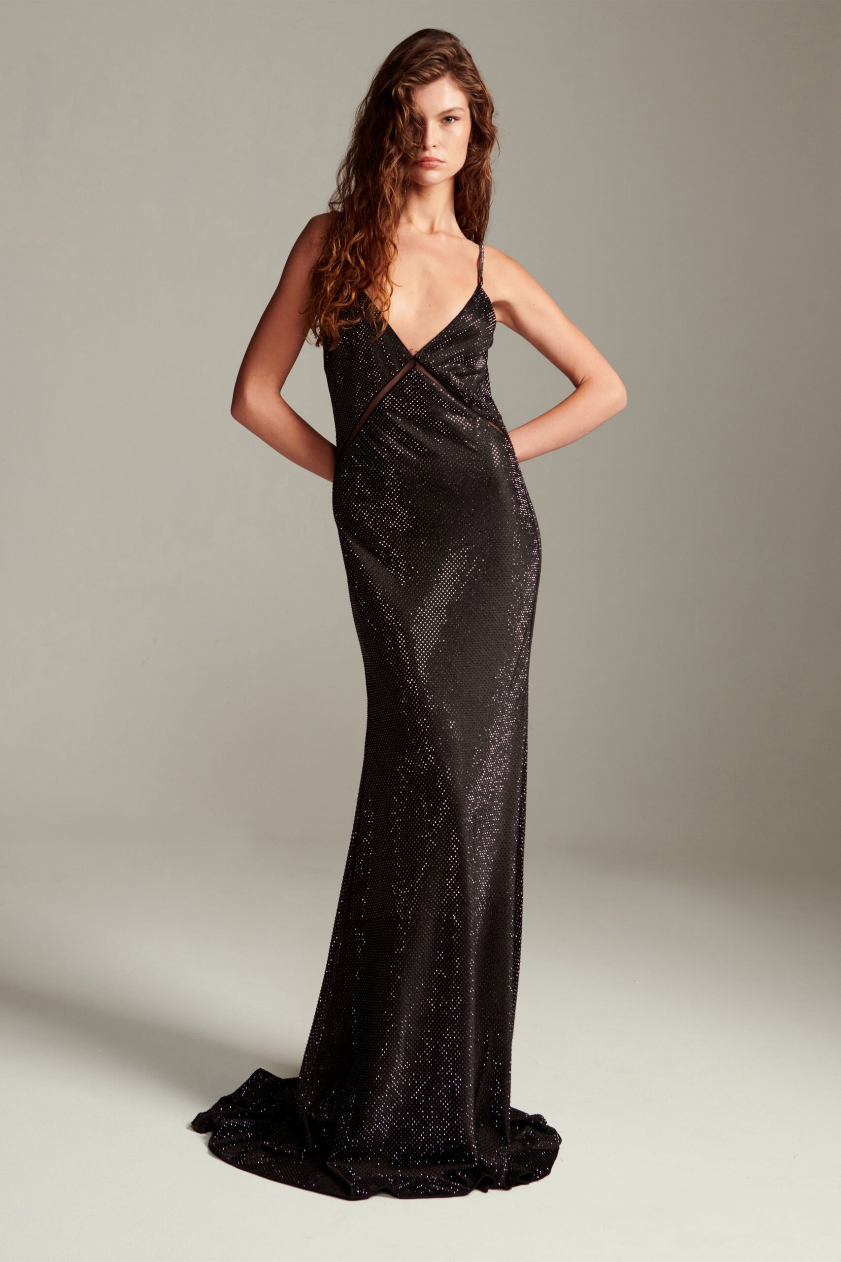 black sequined sleeveless gown