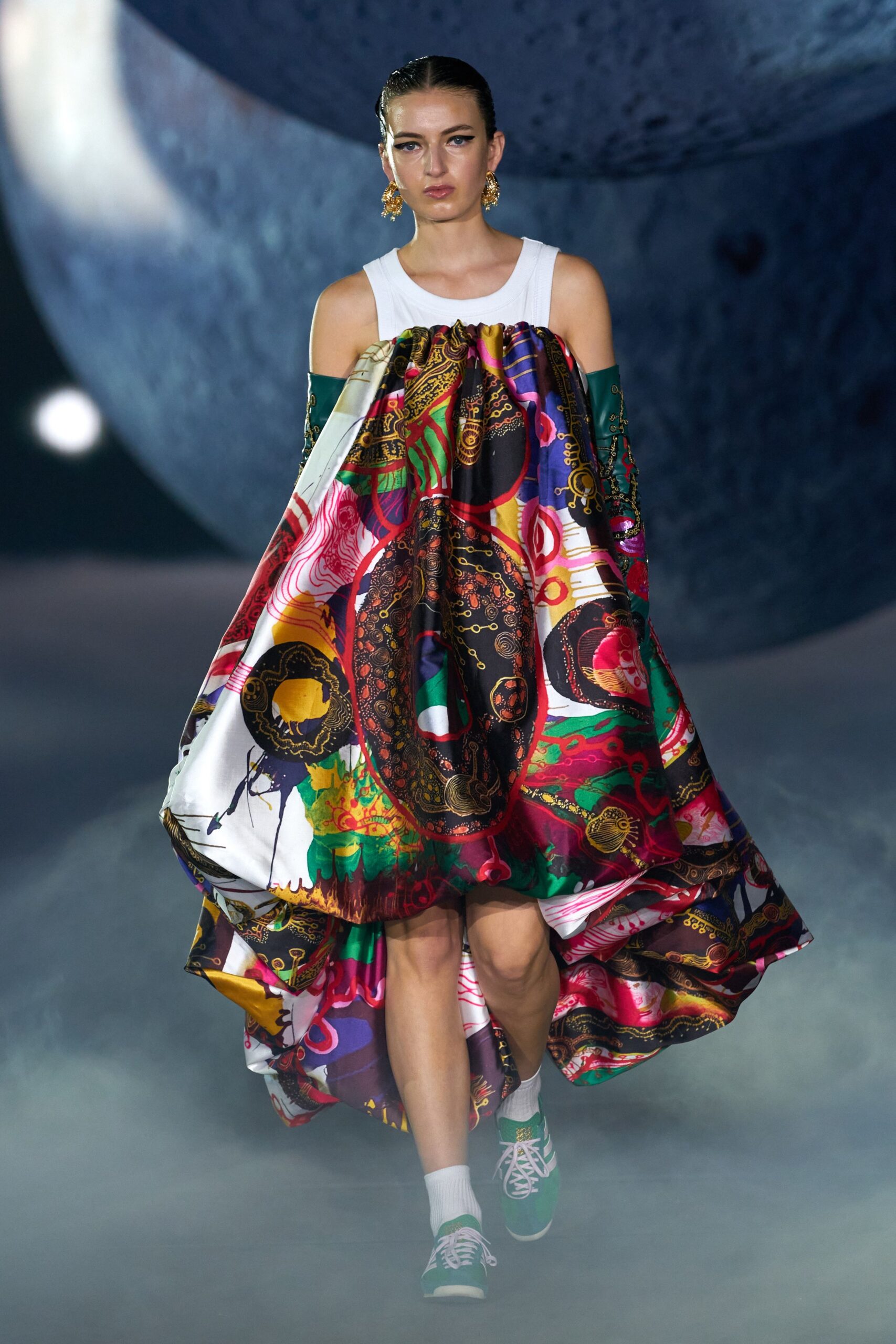 multi silk sleeveless high-neck relaxed layered flared dress