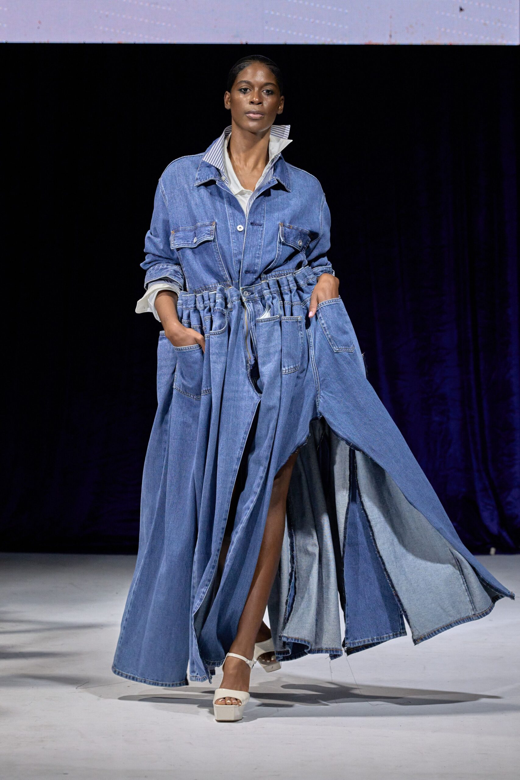 blue denim long-sleeve collared relaxed buttoned pockets dress