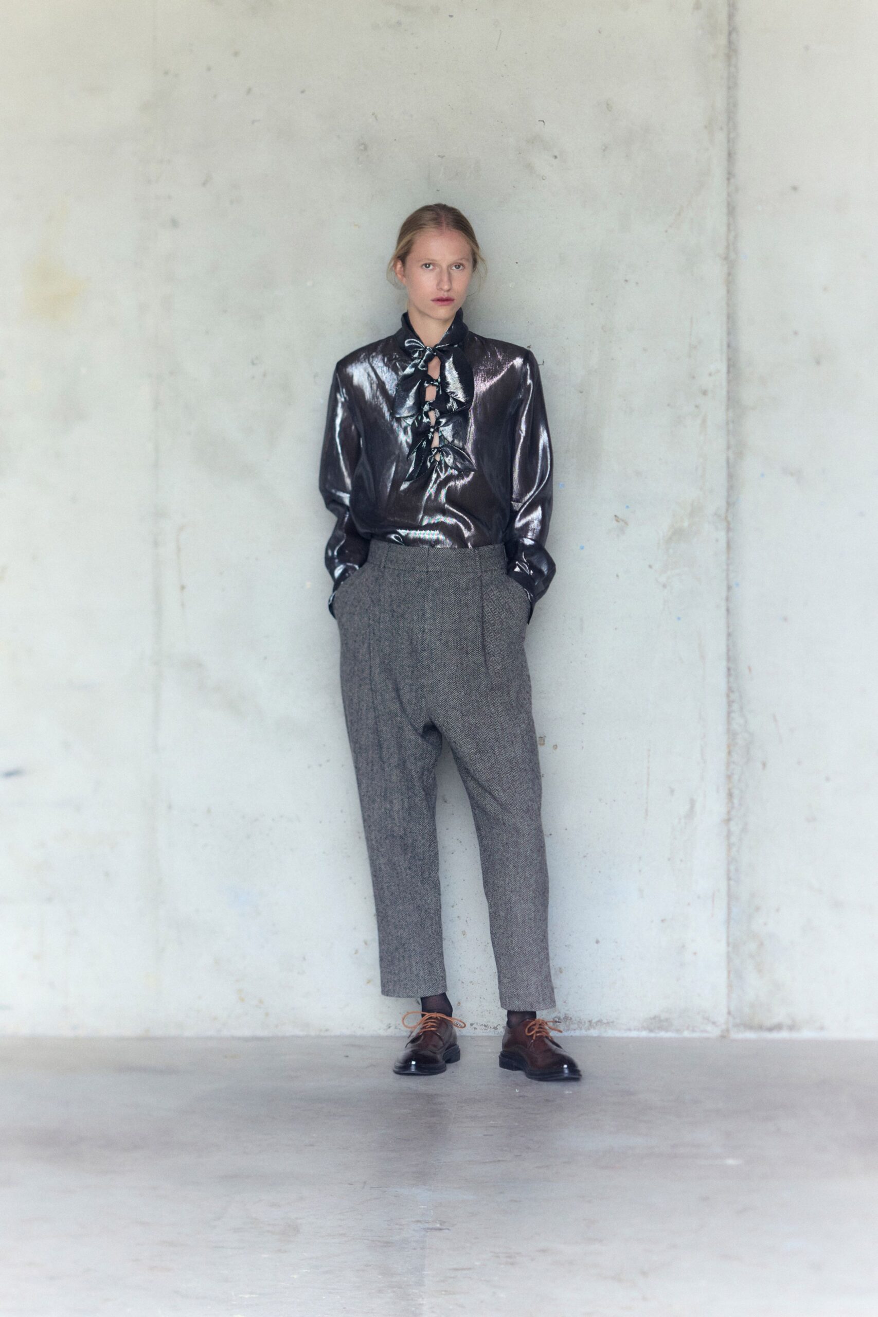 black silk long-sleeve collared relaxed shiny shirt